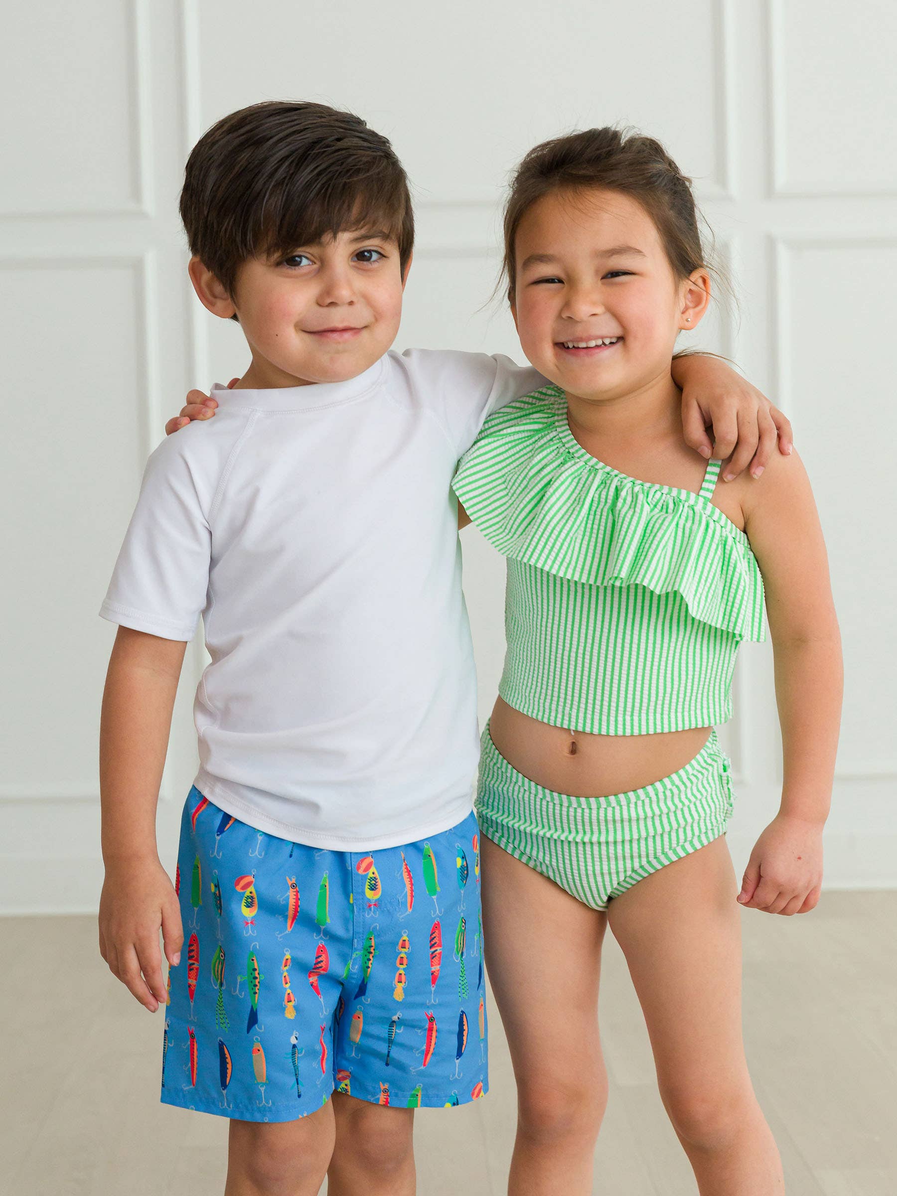 Girls Spring Green Seersucker One Shoulder Ruffle Tankini 2-Piece Swimsuit with Signature Rear Ruffles