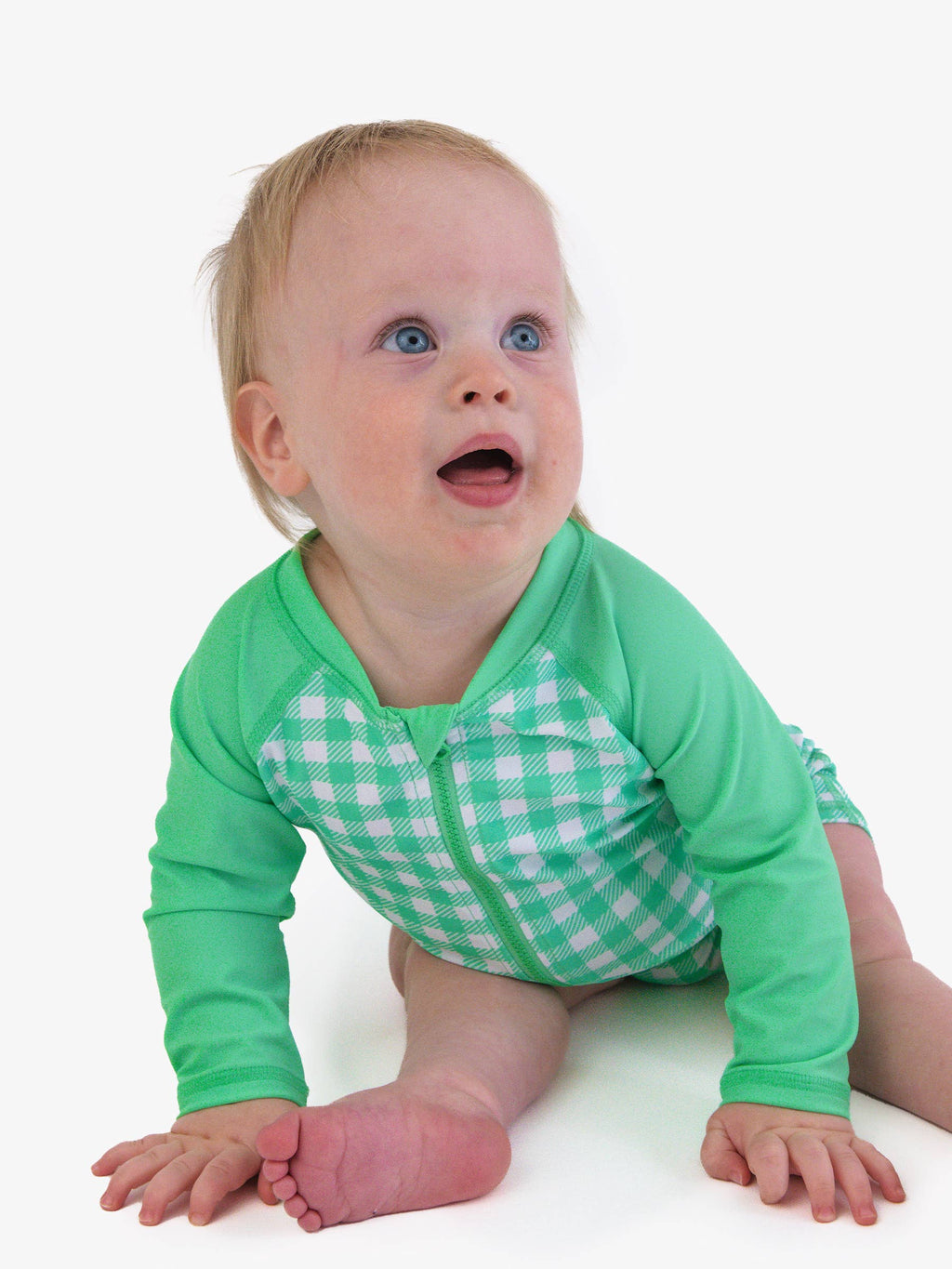Baby Boys Spring Green Gingham Long Sleeve One Piece Rash Guard Swimsuit