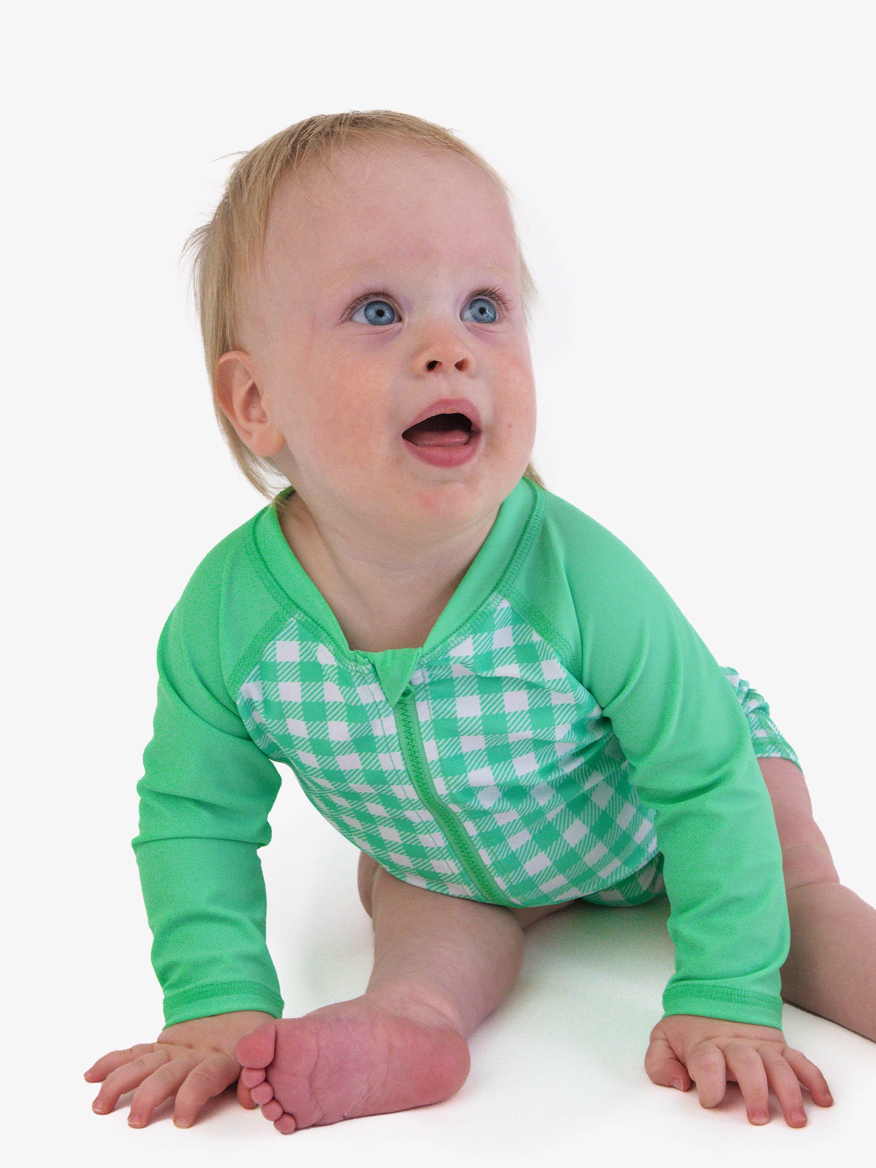 Baby Boys Spring Green Gingham Long Sleeve One Piece Rash Guard Swimsuit