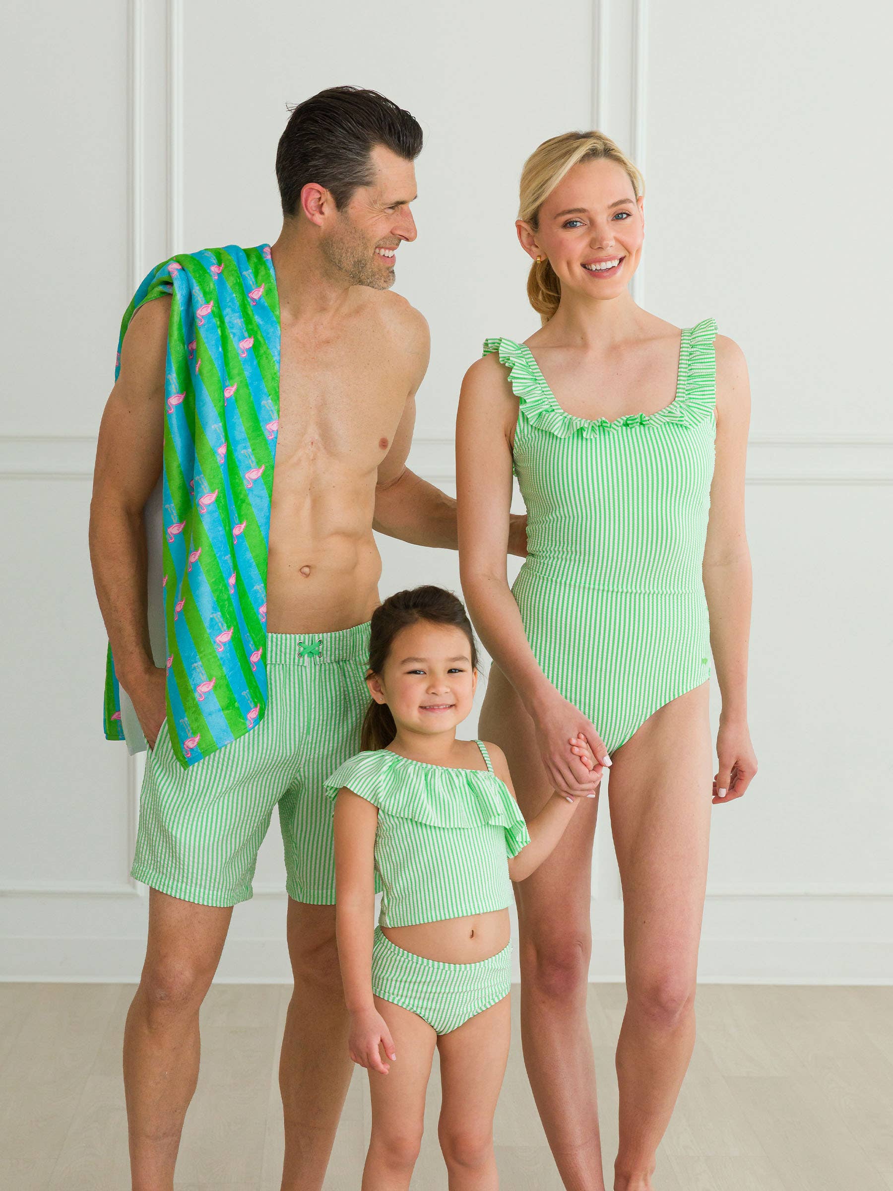 Girls Spring Green Seersucker One Shoulder Ruffle Tankini 2-Piece Swimsuit with Signature Rear Ruffles