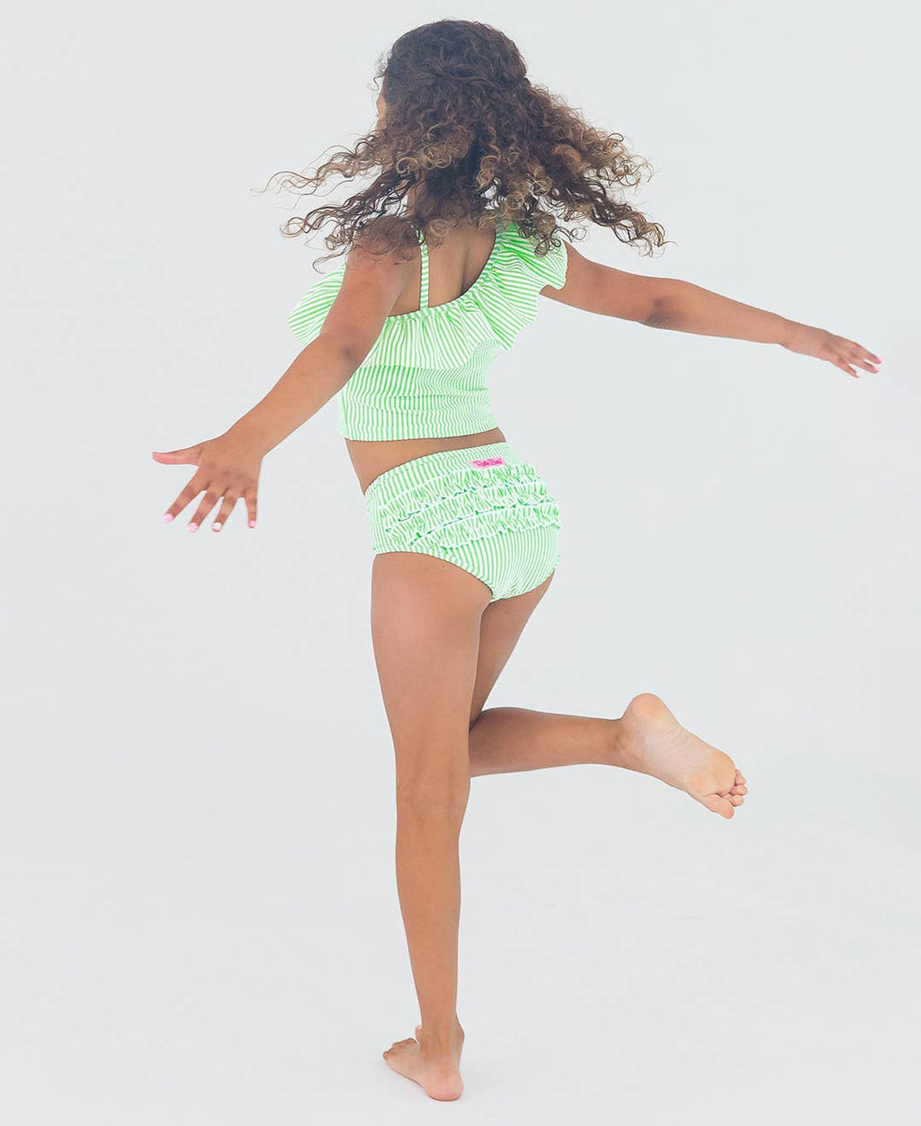 Girls Spring Green Seersucker One Shoulder Ruffle Tankini 2-Piece Swimsuit with Signature Rear Ruffles