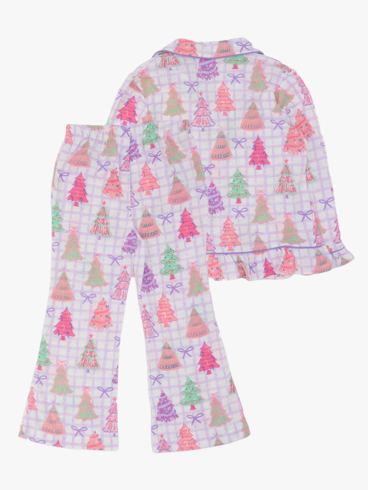 SoftSnooze™ Girls Purple Bow Christmas Pines Long Sleeve Button Up Ruffle Flare Pajama Set