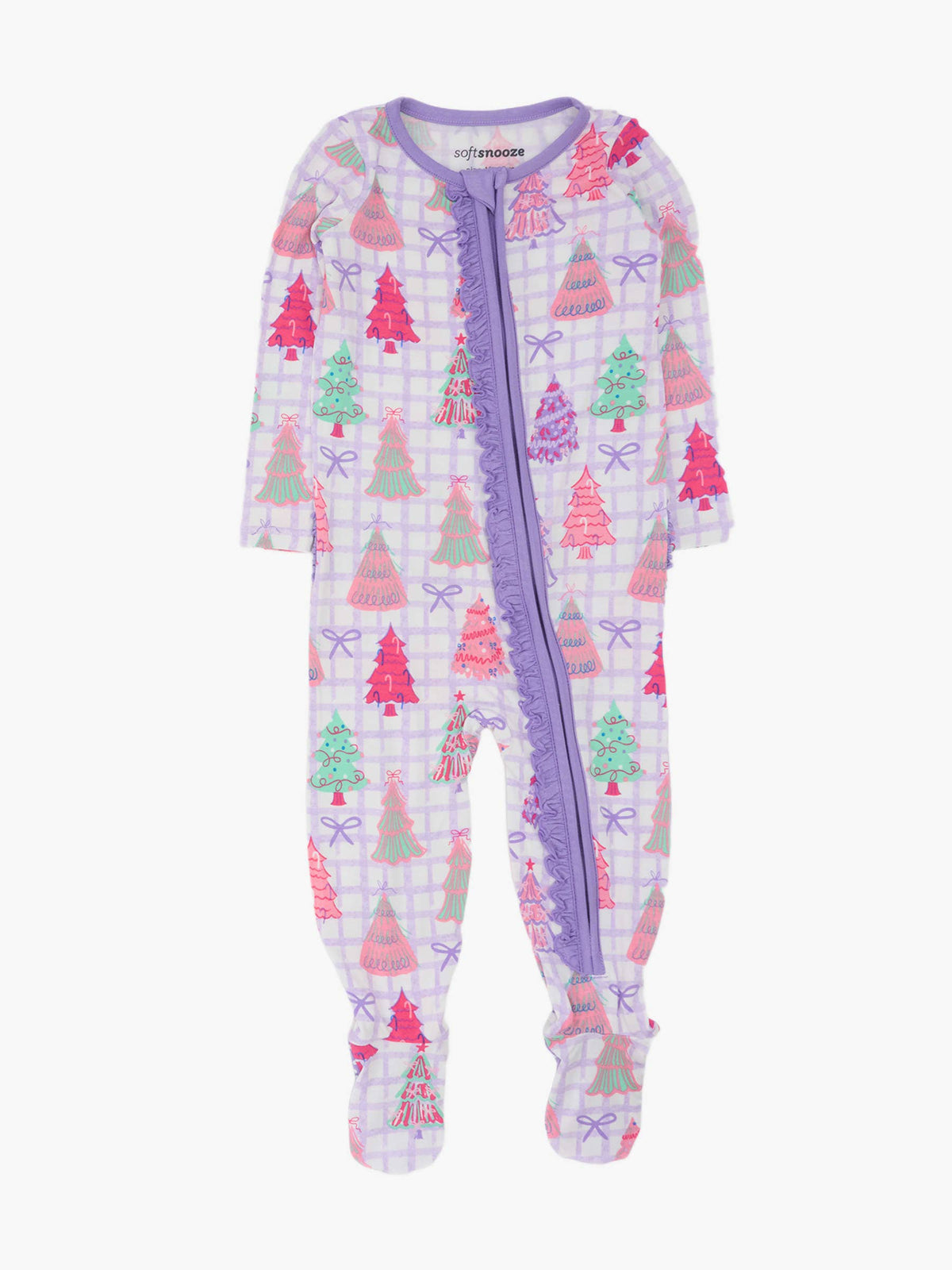SoftSnooze™ Baby Girls Bamboo Viscose Purple Bow Christmas Pines Footed Ruffle One Piece Pajama