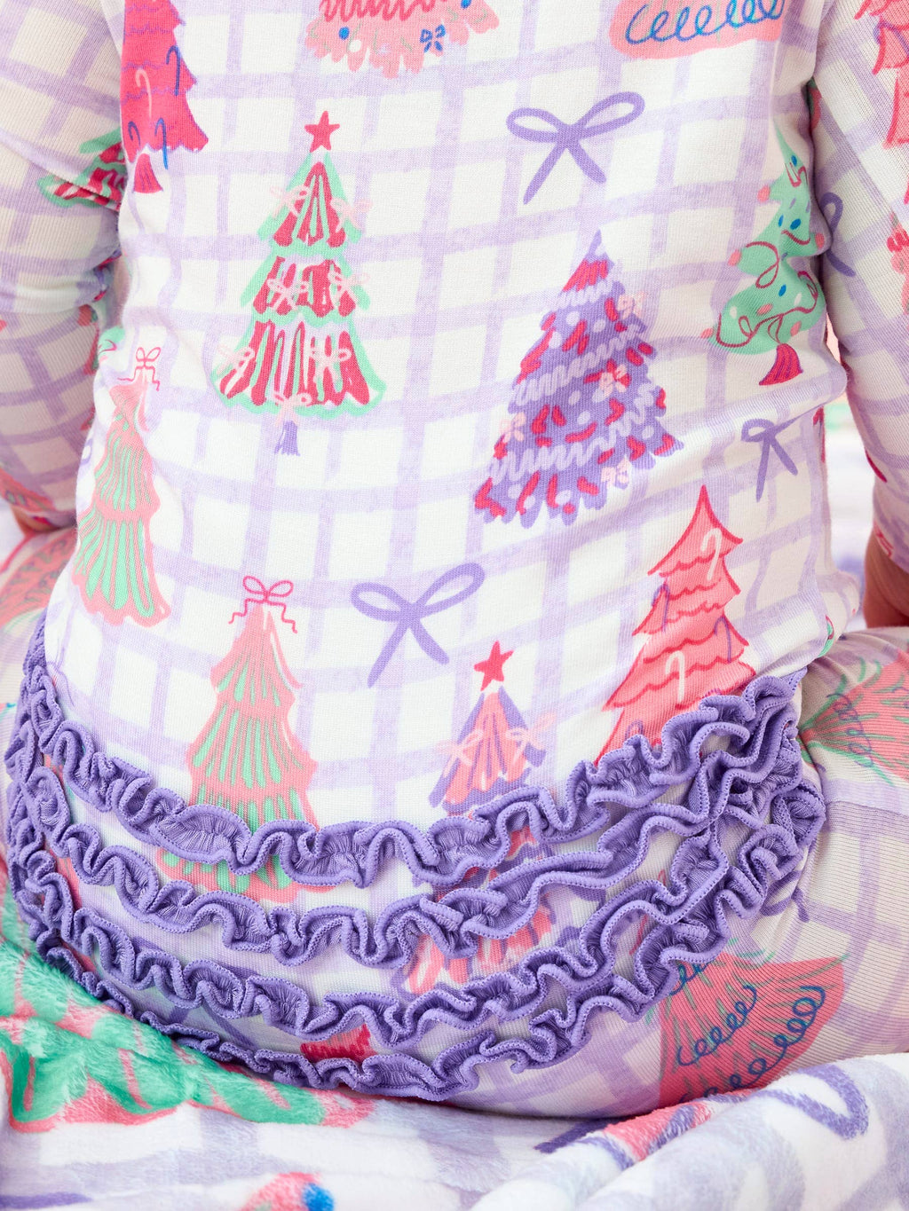 SoftSnooze™ Baby Girls Bamboo Viscose Purple Bow Christmas Pines Footed Ruffle One Piece Pajama