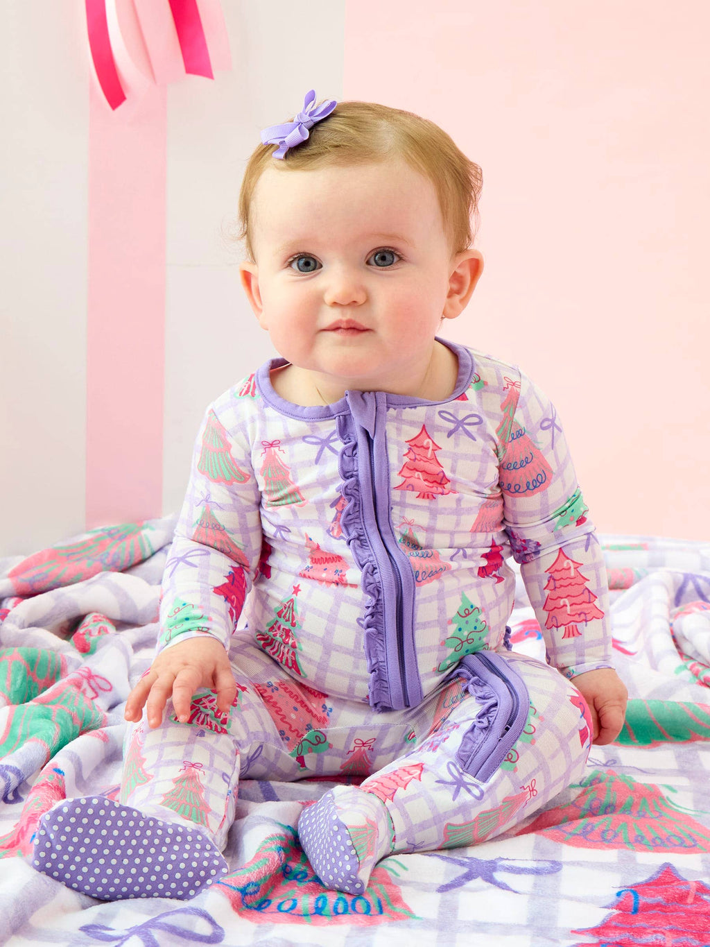 SoftSnooze™ Baby Girls Bamboo Viscose Purple Bow Christmas Pines Footed Ruffle One Piece Pajama