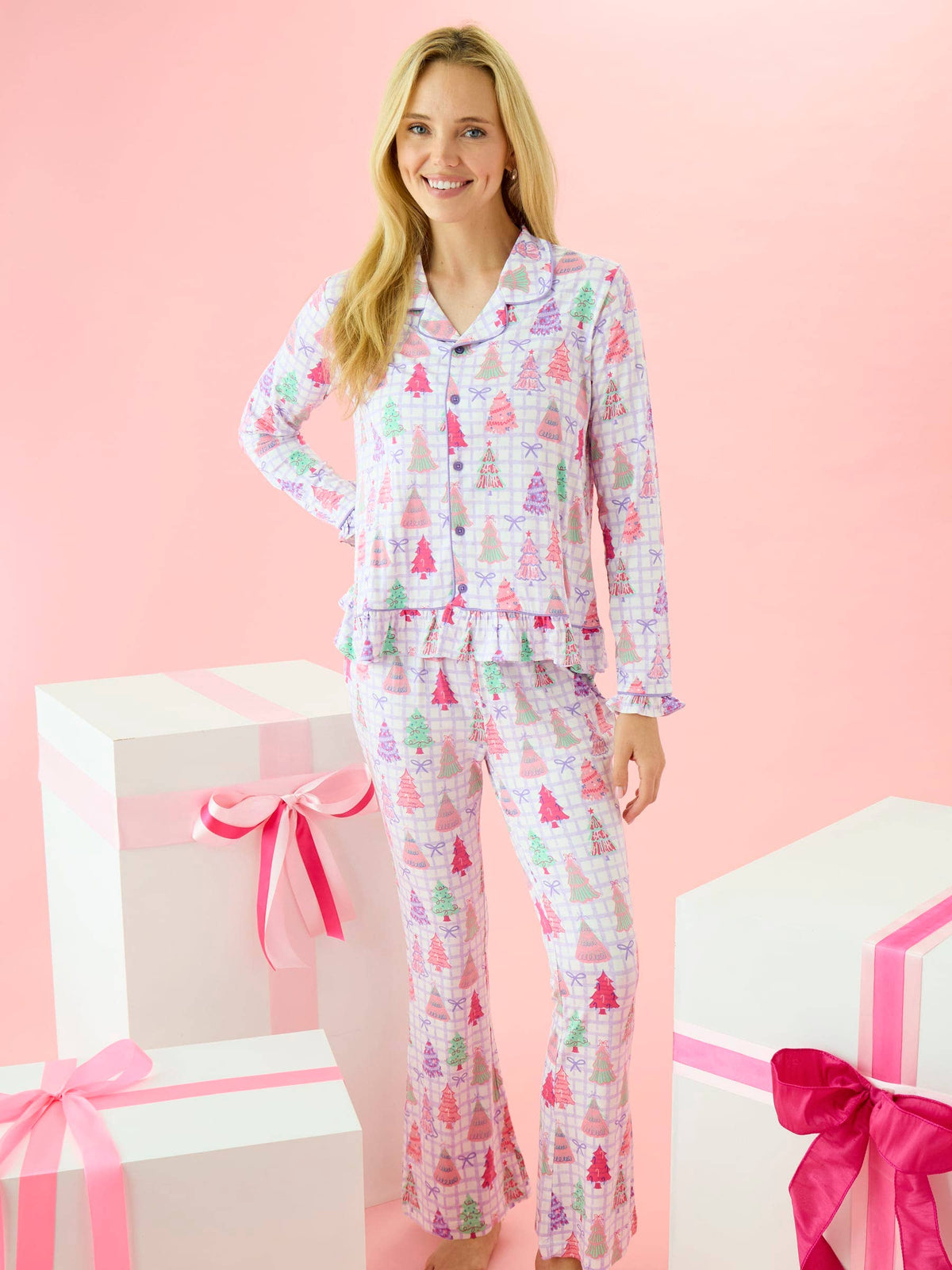 SoftSnooze™ Women's Bamboo Viscose Purple Bow Christmas Pines Long Sleeve Button Up Ruffle Flare Pajama Set