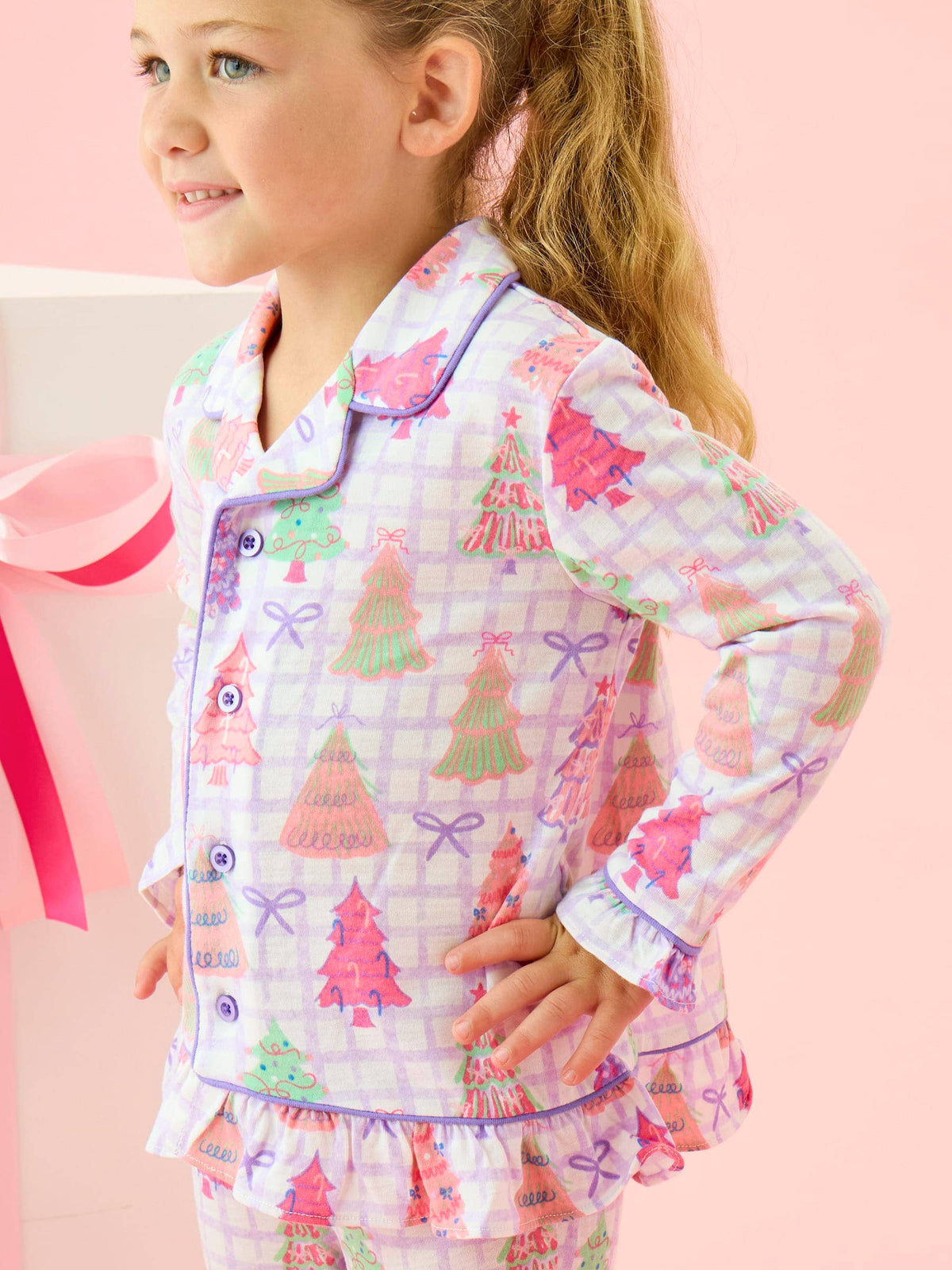 SoftSnooze™ Girls Purple Bow Christmas Pines Long Sleeve Button Up Ruffle Flare Pajama Set