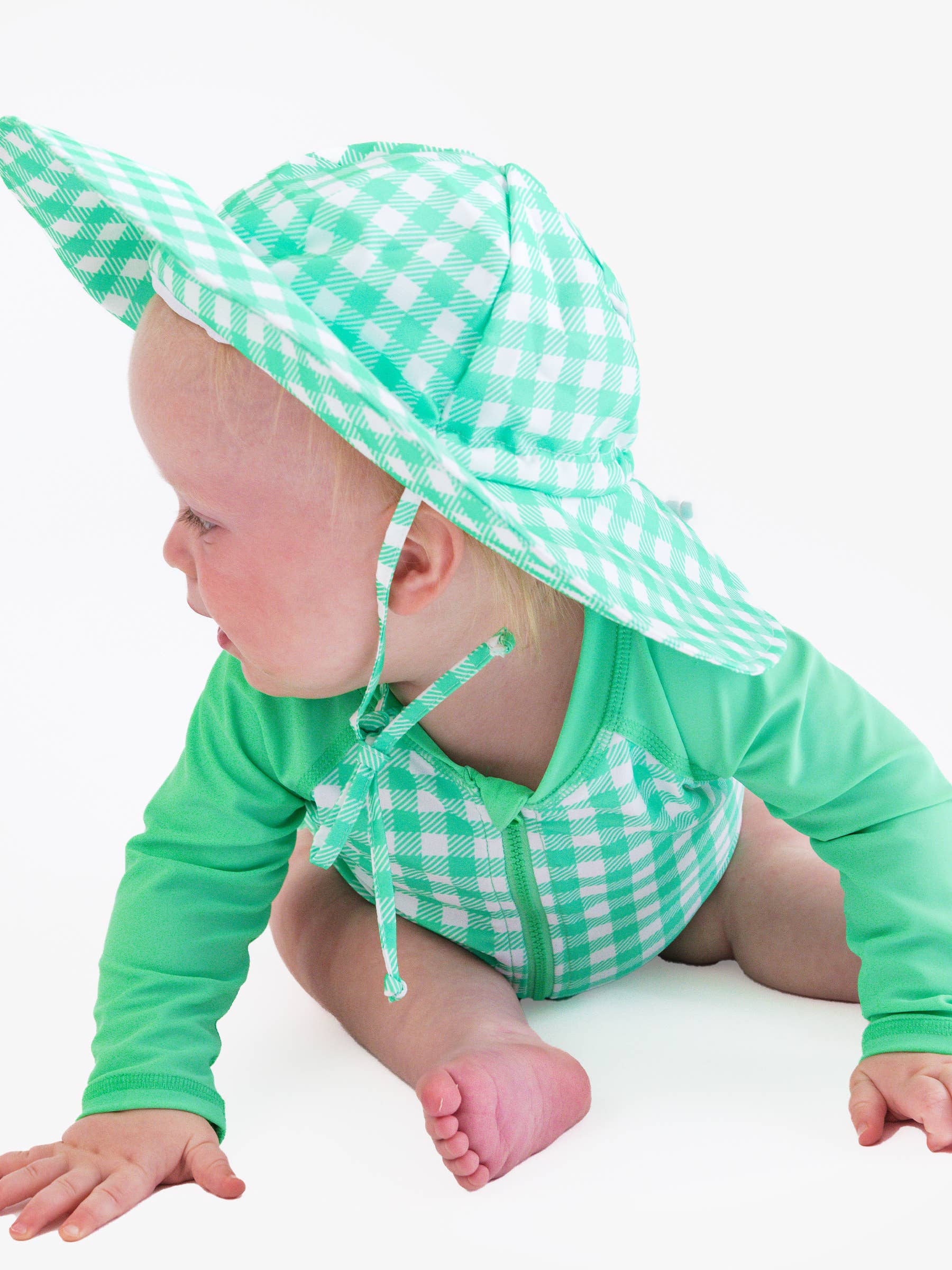 Baby Boys Spring Green Gingham Long Sleeve One Piece Rash Guard Swimsuit