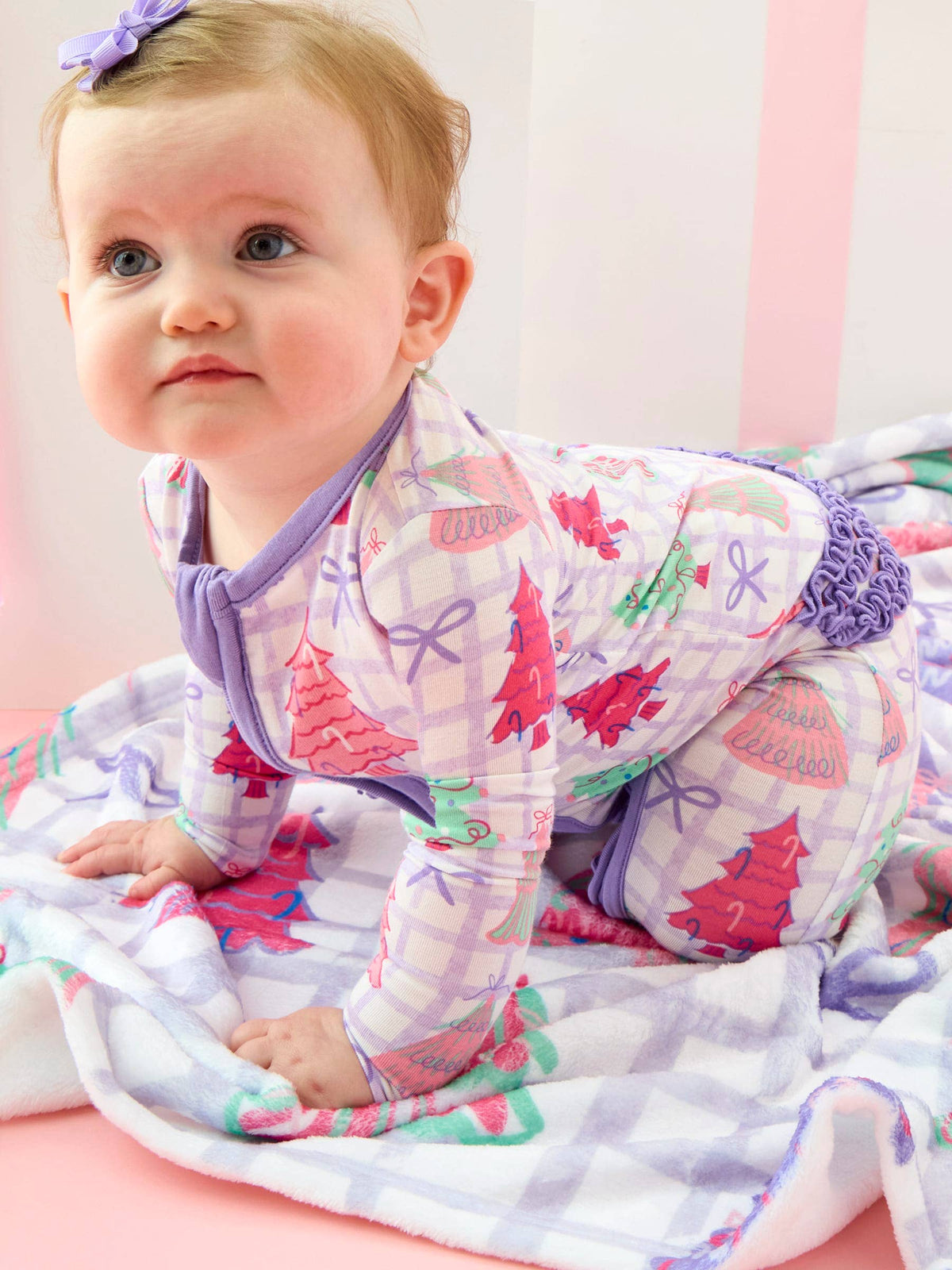 SoftSnooze™ Baby Girls Bamboo Viscose Purple Bow Christmas Pines Footed Ruffle One Piece Pajama