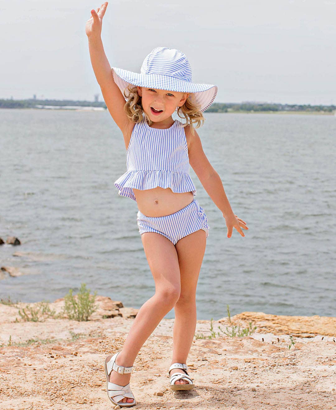 Girls Periwinkle Blue Seersucker Peplum Tankini 2-Piece Swimsuit with Signature Rear Ruffles