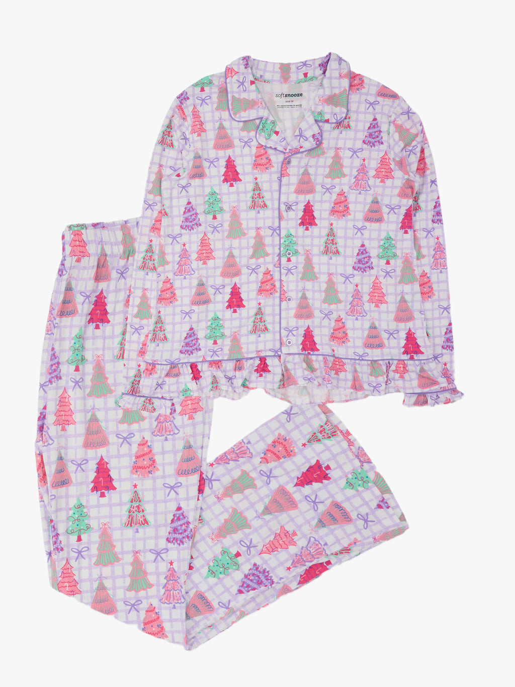 SoftSnooze™ Women's Bamboo Viscose Purple Bow Christmas Pines Long Sleeve Button Up Ruffle Flare Pajama Set