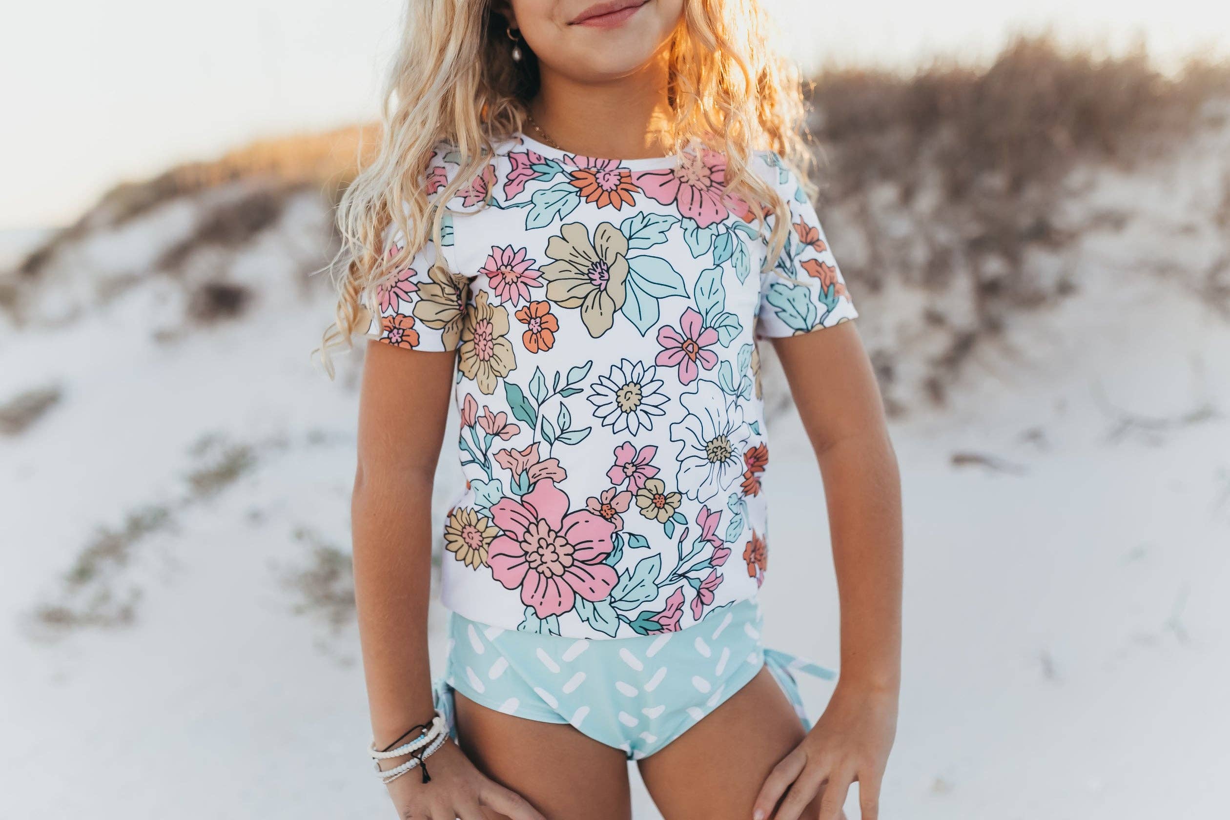 Oopsie Daisy - Pale Pink Floral & Mint Sea Rash Guard Swimsuit