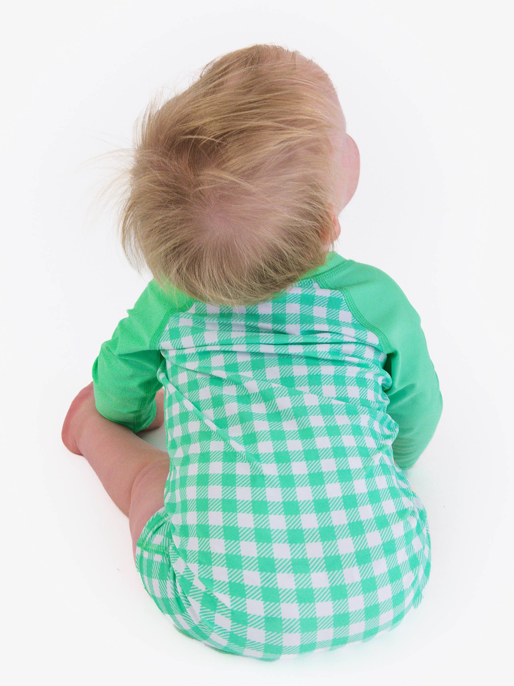 Baby Boys Spring Green Gingham Long Sleeve One Piece Rash Guard Swimsuit