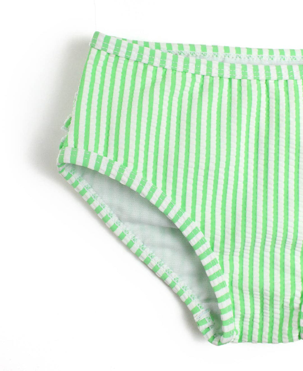 Girls Spring Green Seersucker One Shoulder Ruffle Tankini 2-Piece Swimsuit with Signature Rear Ruffles