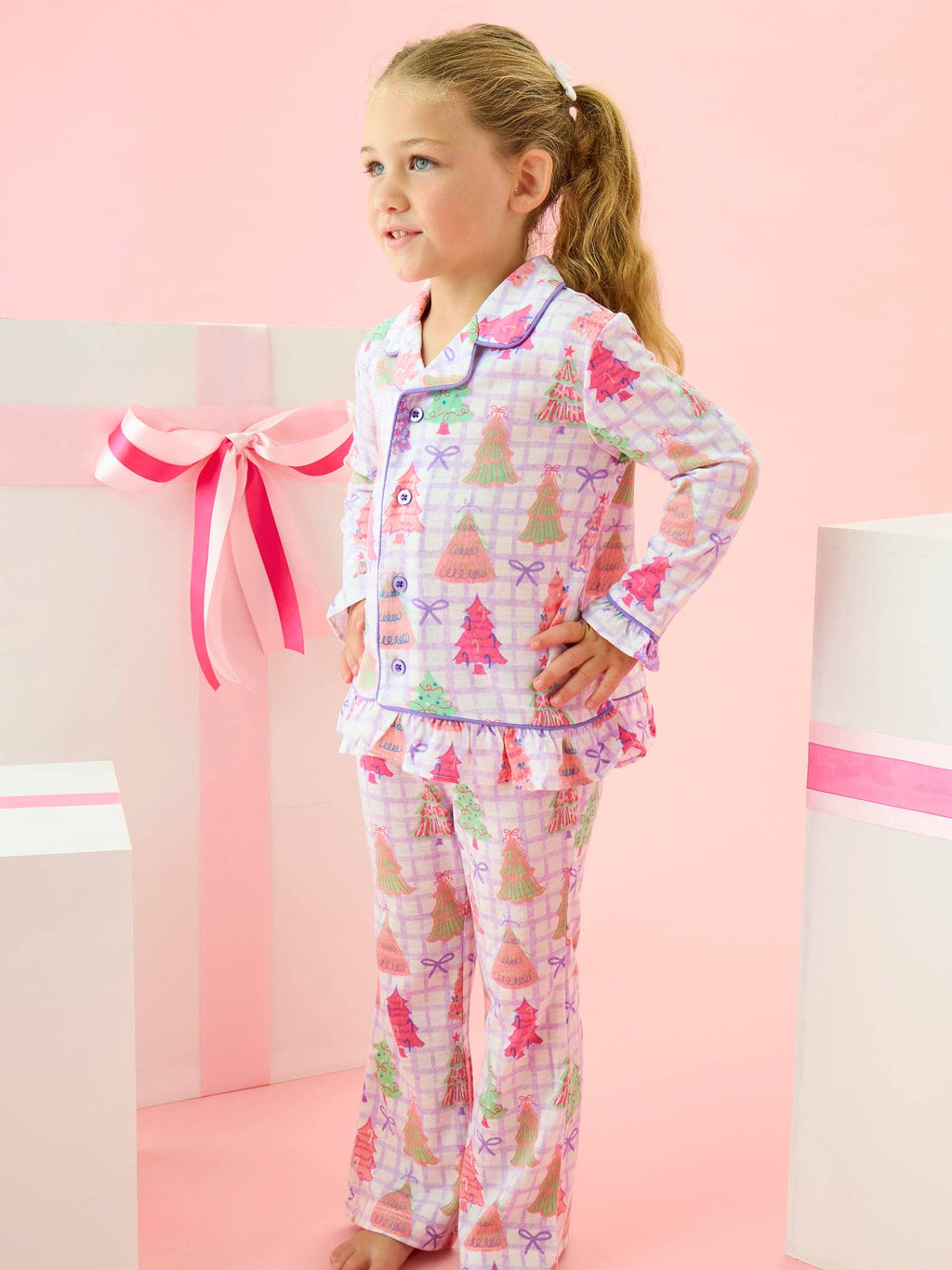 SoftSnooze™ Girls Purple Bow Christmas Pines Long Sleeve Button Up Ruffle Flare Pajama Set