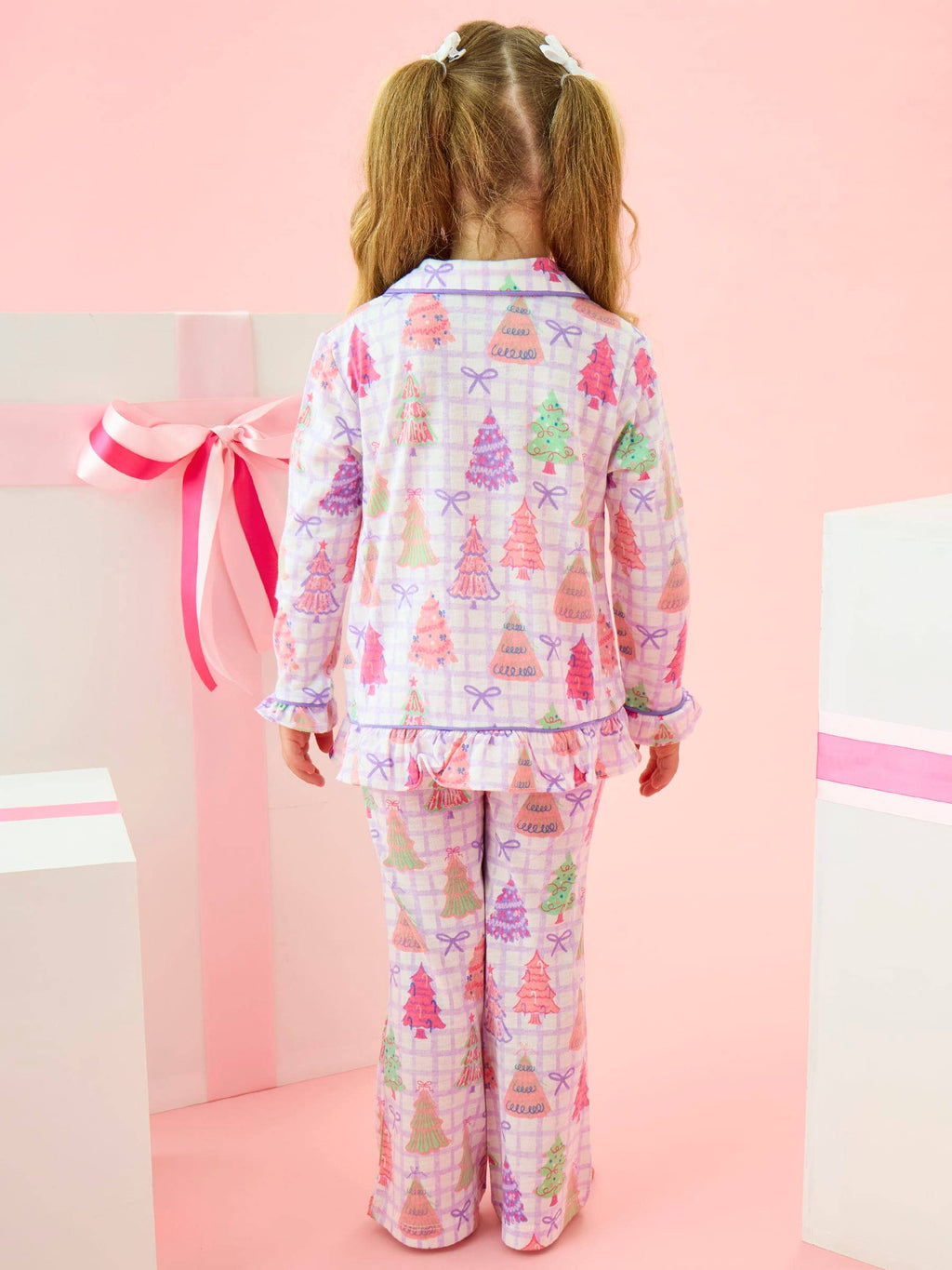 SoftSnooze™ Girls Purple Bow Christmas Pines Long Sleeve Button Up Ruffle Flare Pajama Set