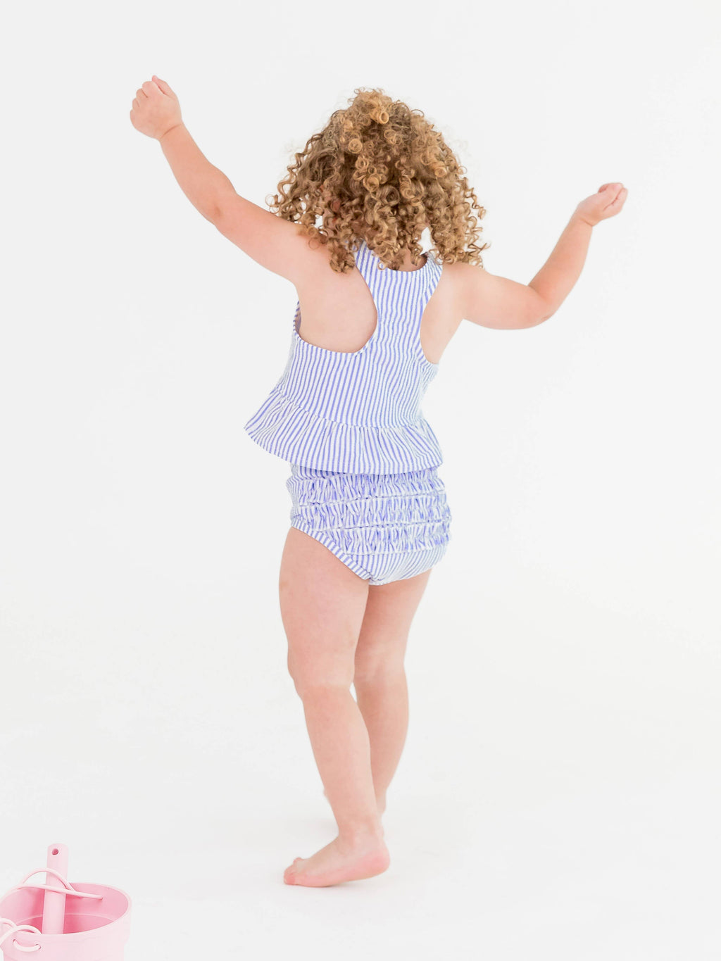 Girls Periwinkle Blue Seersucker Peplum Tankini 2-Piece Swimsuit with Signature Rear Ruffles