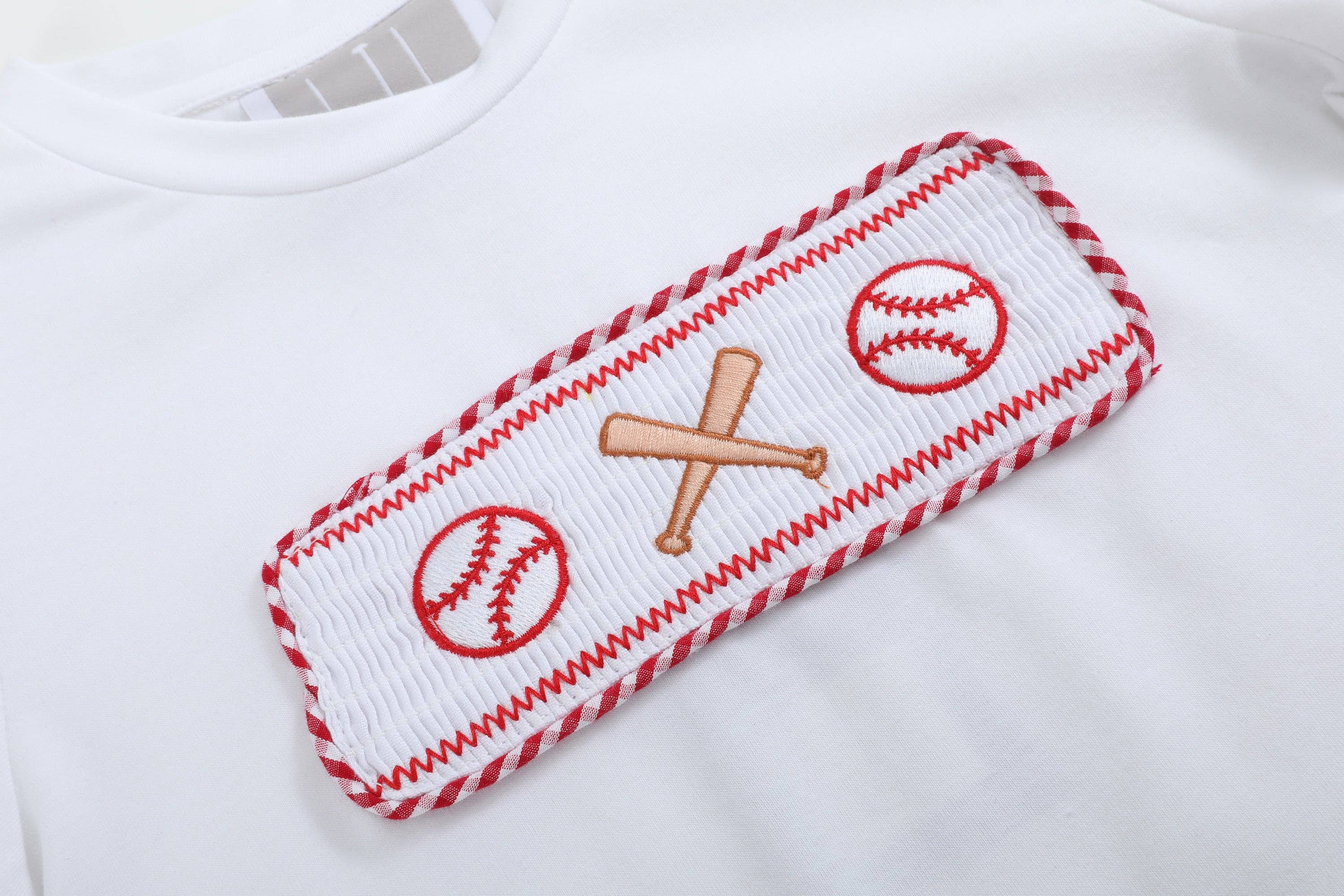 Baseball Smocked Shirt and Red Gingham Shorts Set