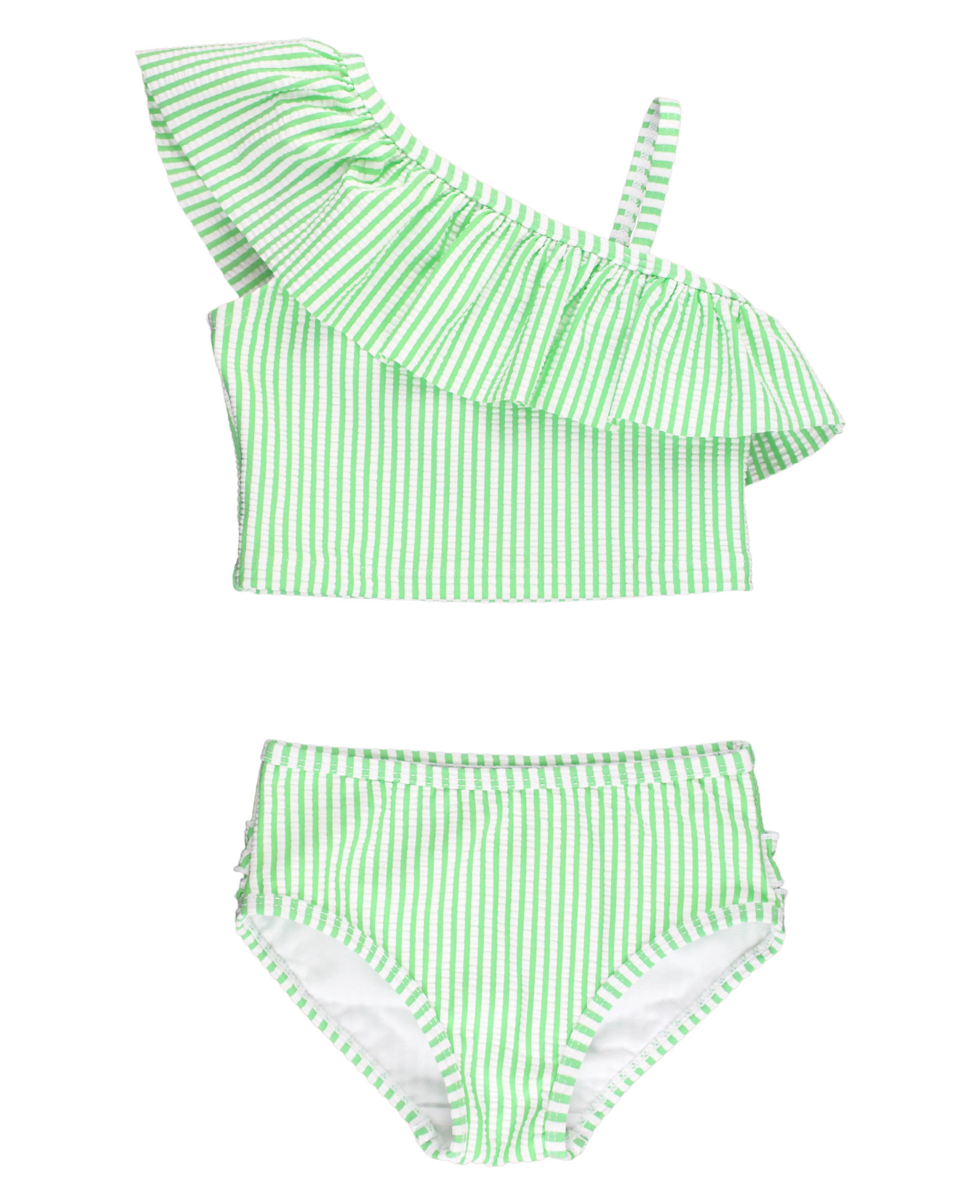 Girls Spring Green Seersucker One Shoulder Ruffle Tankini 2-Piece Swimsuit with Signature Rear Ruffles