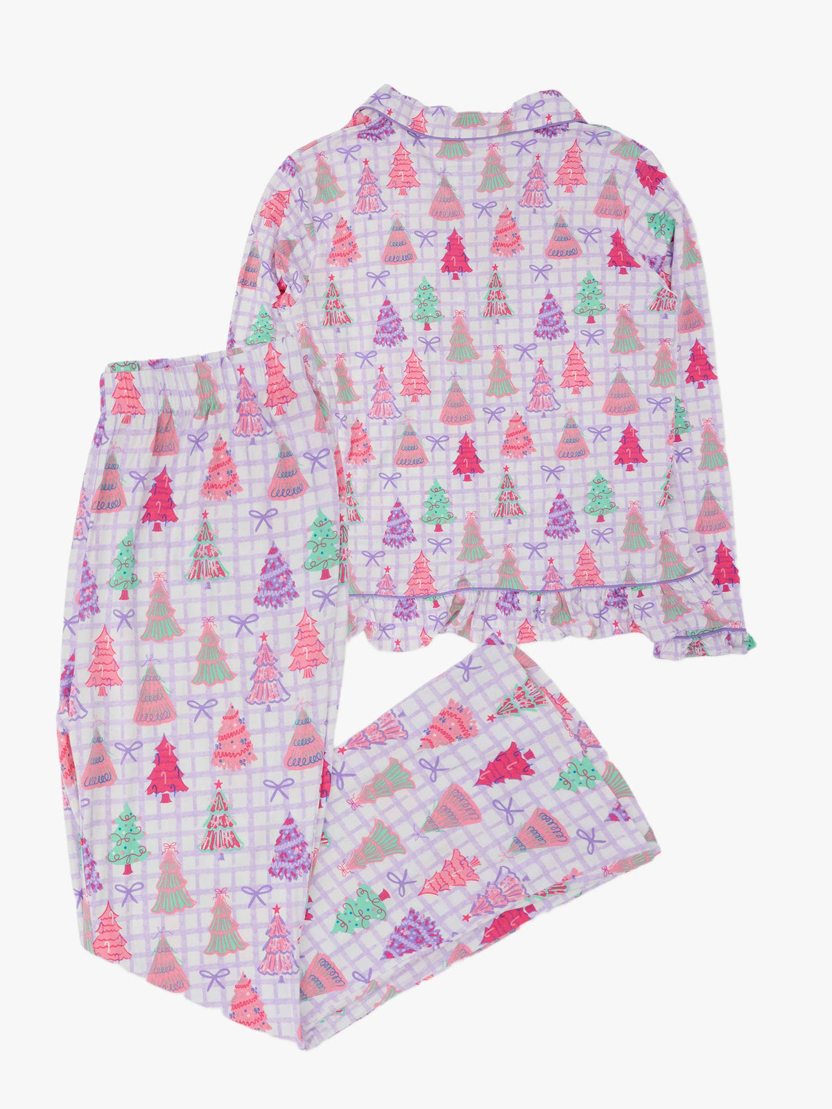 SoftSnooze™ Women's Bamboo Viscose Purple Bow Christmas Pines Long Sleeve Button Up Ruffle Flare Pajama Set
