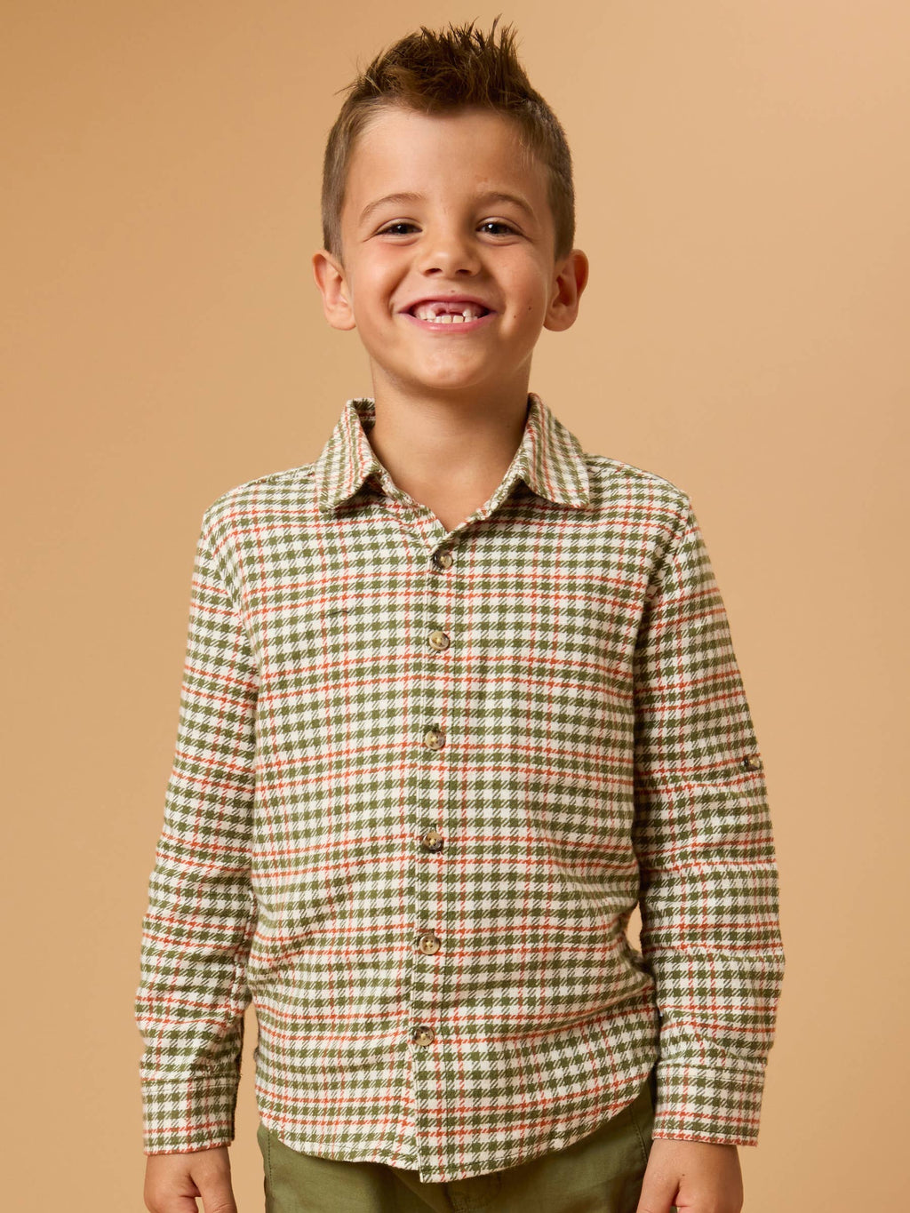 Boys Classic Dusty Olive Houndstooth Long Sleeve Button Down Shirt
