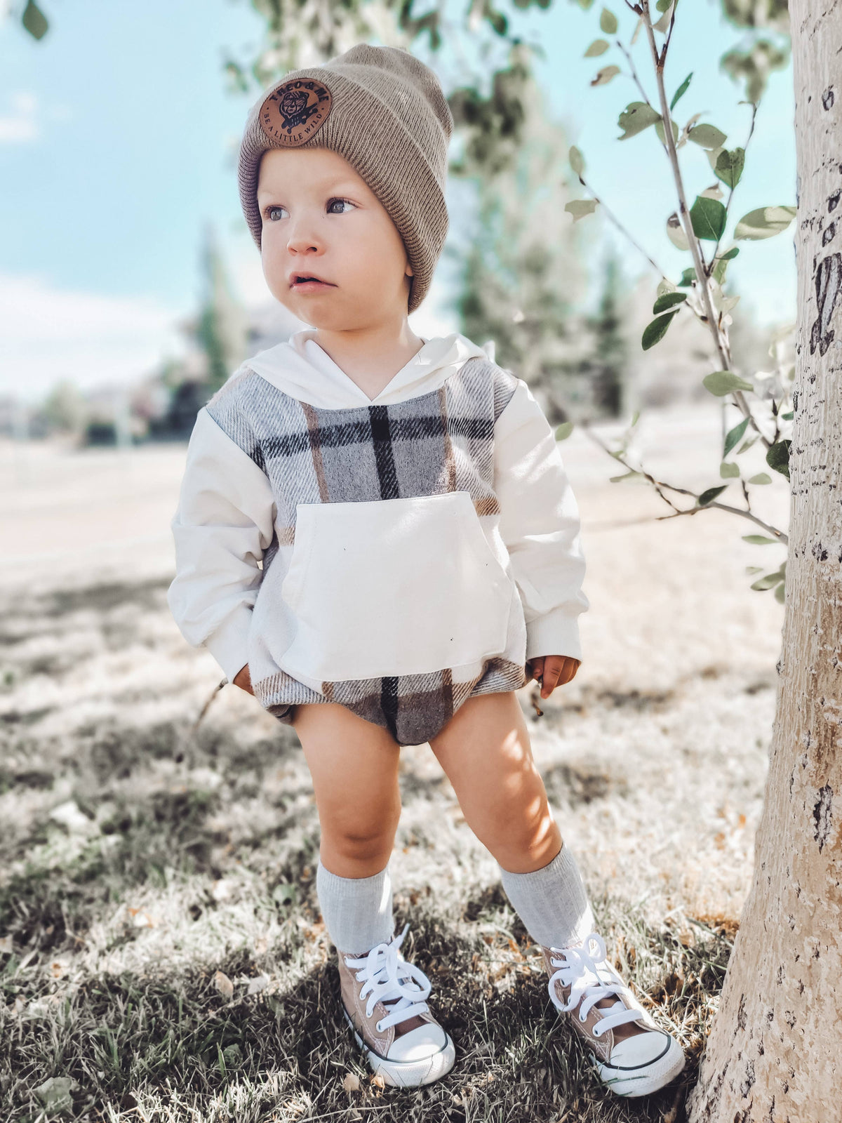 Theo & Me- Creme Plaid Flannel Bubble Romper