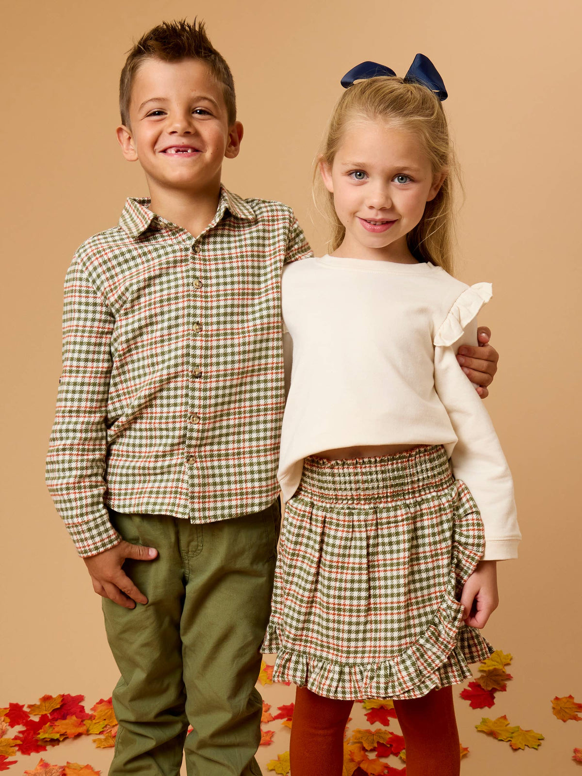 Boys Classic Dusty Olive Houndstooth Long Sleeve Button Down Shirt
