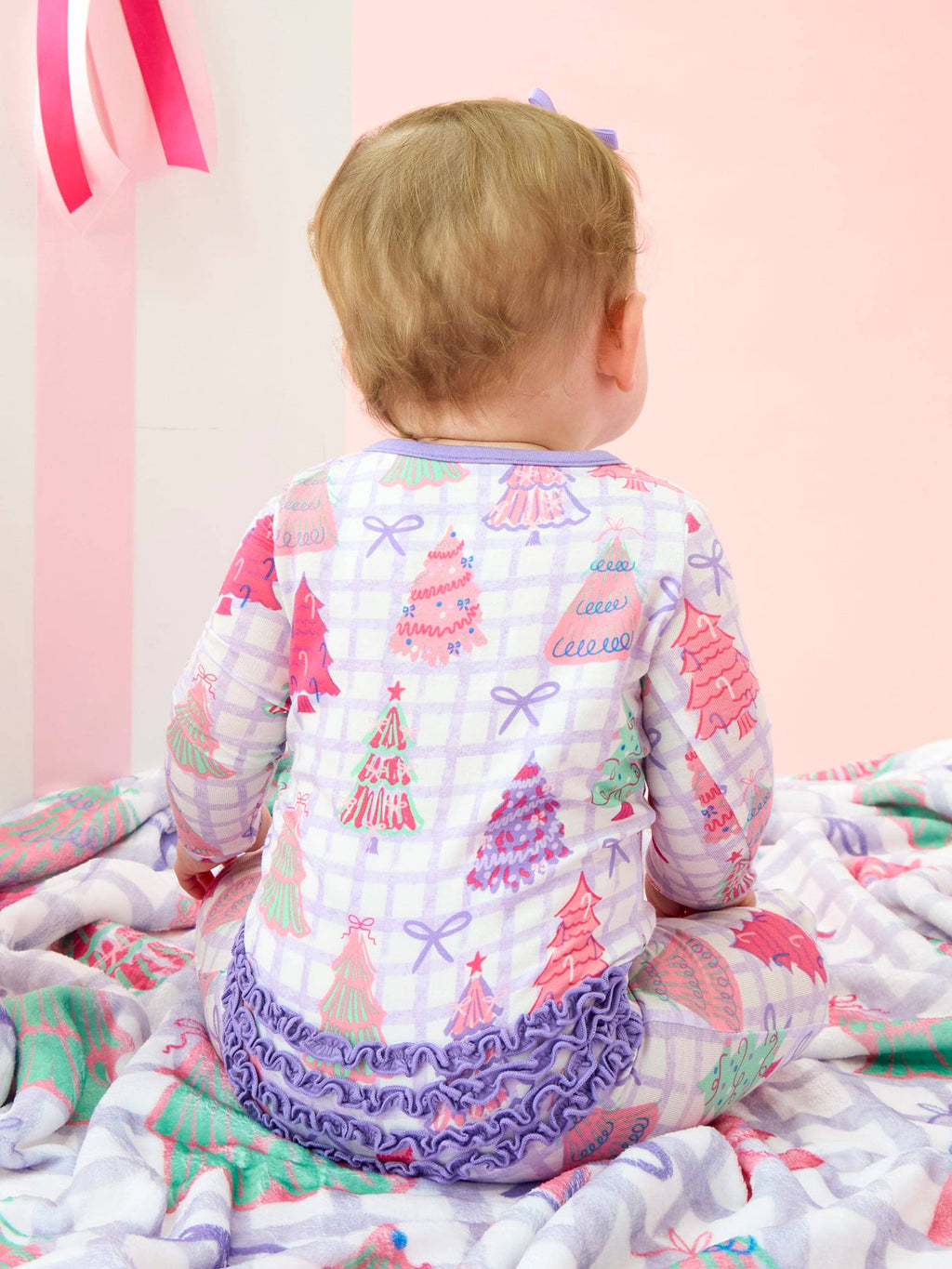 SoftSnooze™ Baby Girls Bamboo Viscose Purple Bow Christmas Pines Footed Ruffle One Piece Pajama