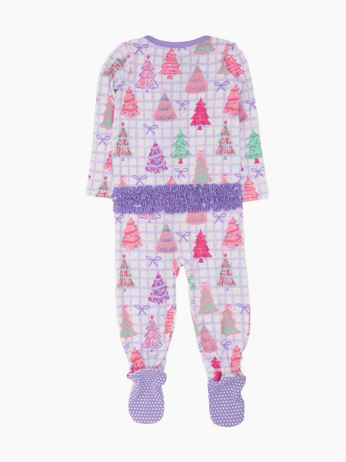 SoftSnooze™ Baby Girls Bamboo Viscose Purple Bow Christmas Pines Footed Ruffle One Piece Pajama