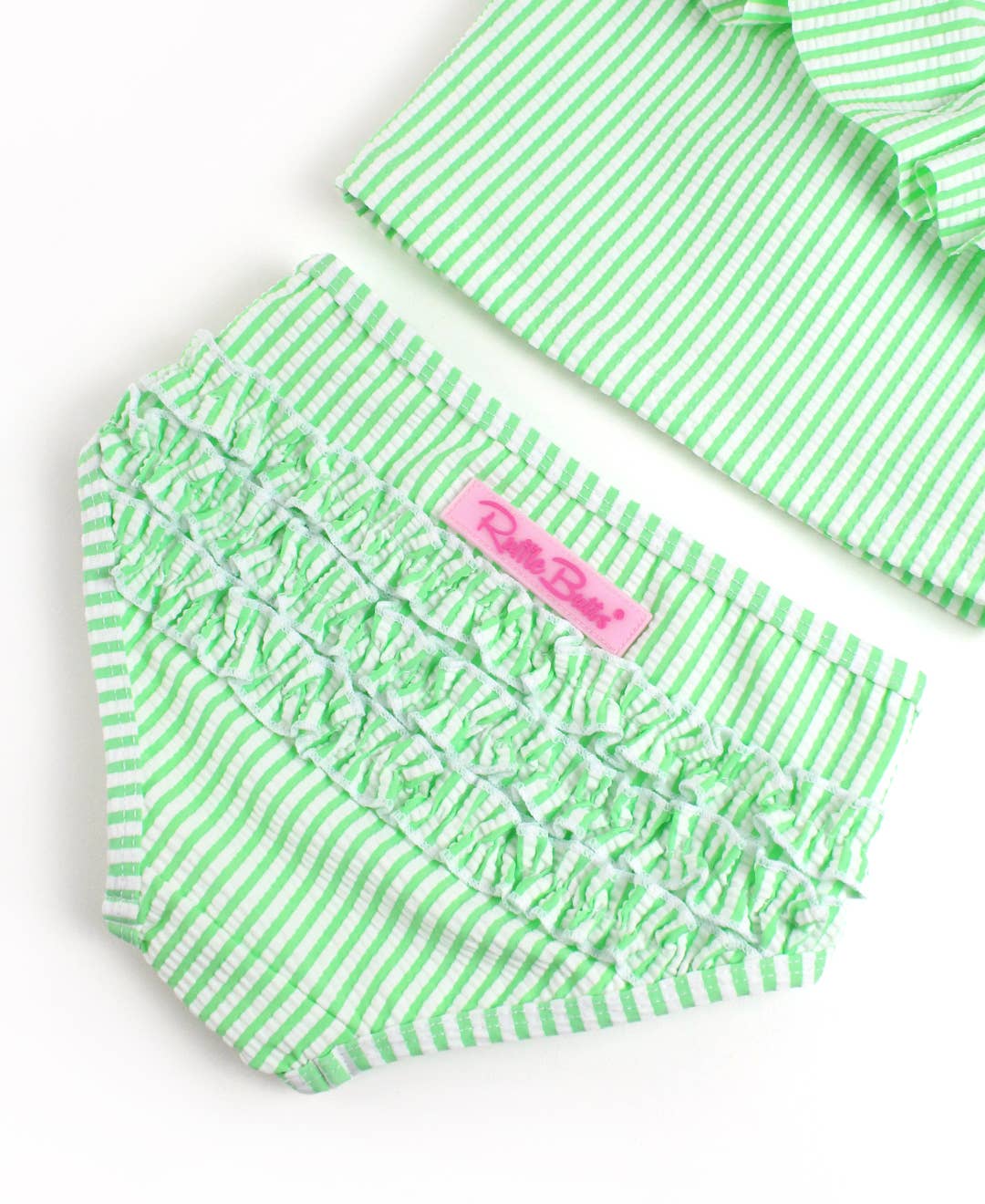 Girls Spring Green Seersucker One Shoulder Ruffle Tankini 2-Piece Swimsuit with Signature Rear Ruffles