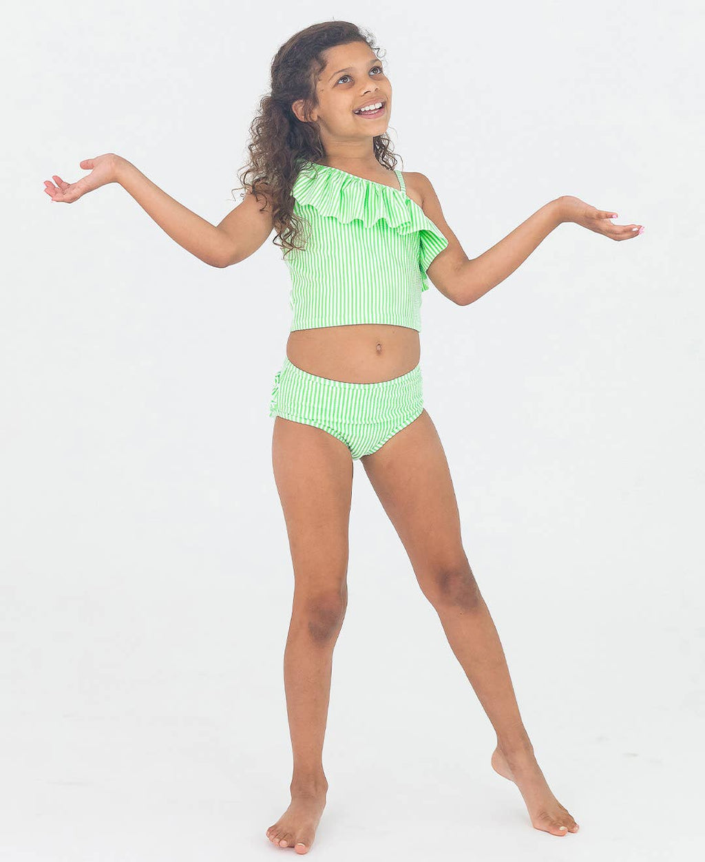 Girls Spring Green Seersucker One Shoulder Ruffle Tankini 2-Piece Swimsuit with Signature Rear Ruffles