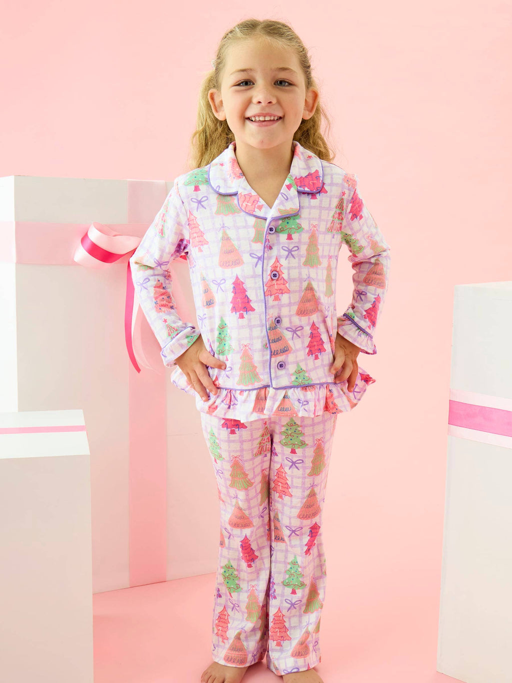 SoftSnooze™ Girls Purple Bow Christmas Pines Long Sleeve Button Up Ruffle Flare Pajama Set