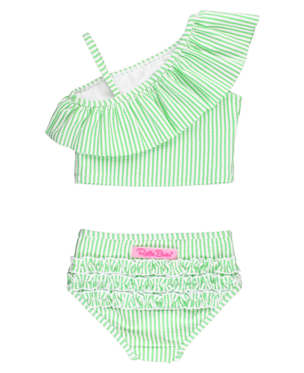 Girls Spring Green Seersucker One Shoulder Ruffle Tankini 2-Piece Swimsuit with Signature Rear Ruffles