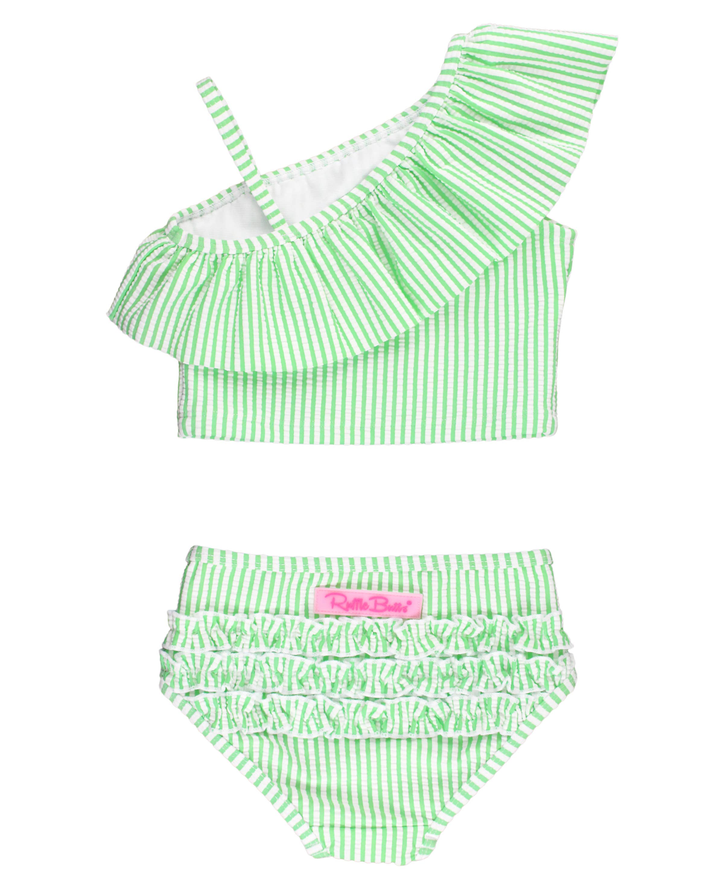 Girls Spring Green Seersucker One Shoulder Ruffle Tankini 2-Piece Swimsuit with Signature Rear Ruffles