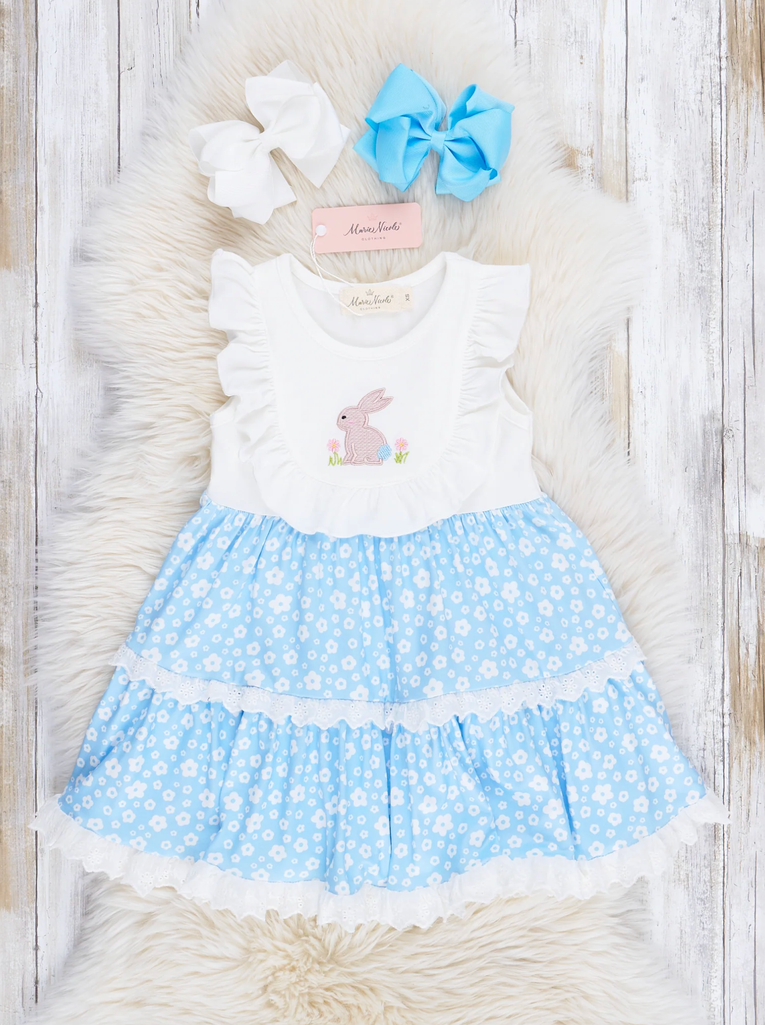 Marie Nicole Clothing - Blue Poppy Bunny Lace Dress