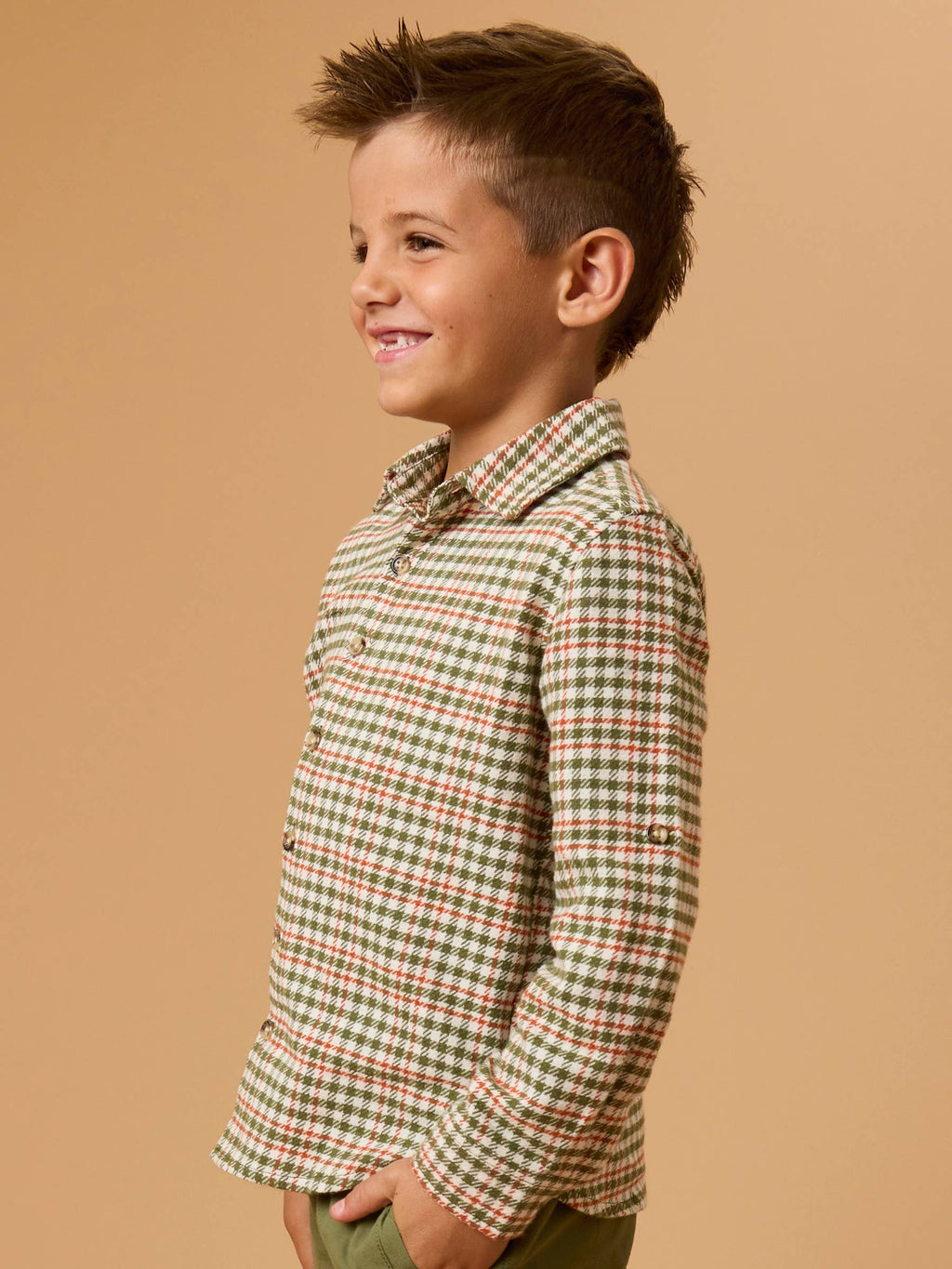 Boys Classic Dusty Olive Houndstooth Long Sleeve Button Down Shirt