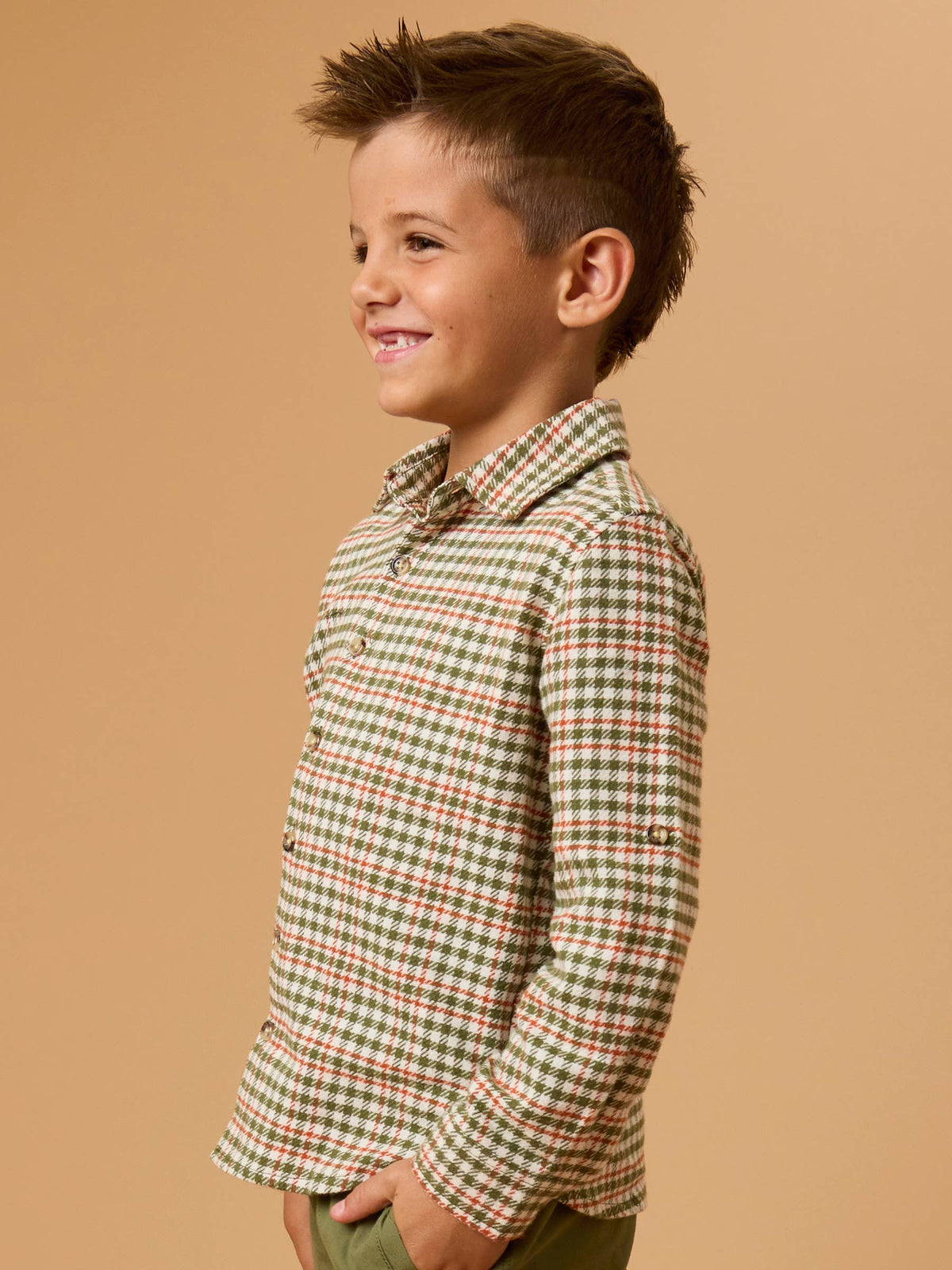 Boys Classic Dusty Olive Houndstooth Long Sleeve Button Down Shirt