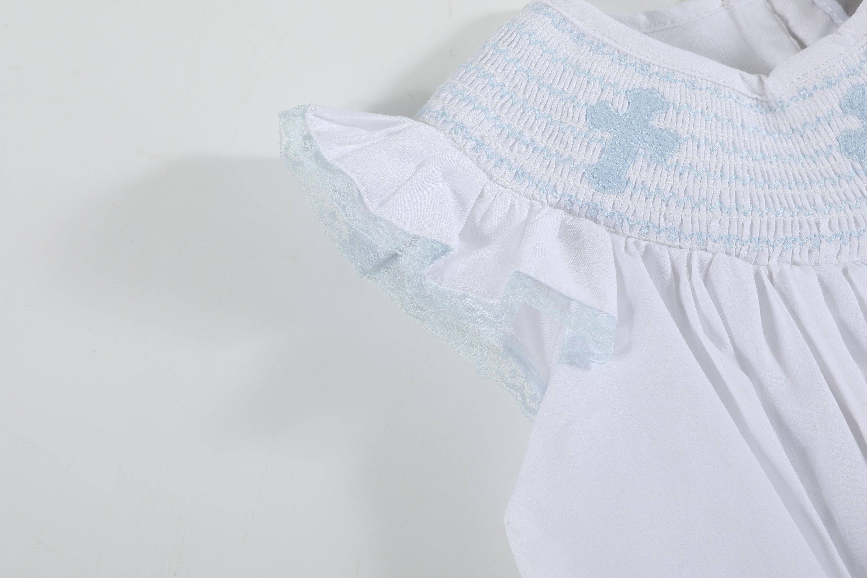 White and Blue Holy Crosses Smocked Bishop Dress