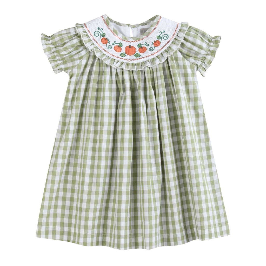 Sage Green Gingham Pumpkin Smocked Bishop Dress