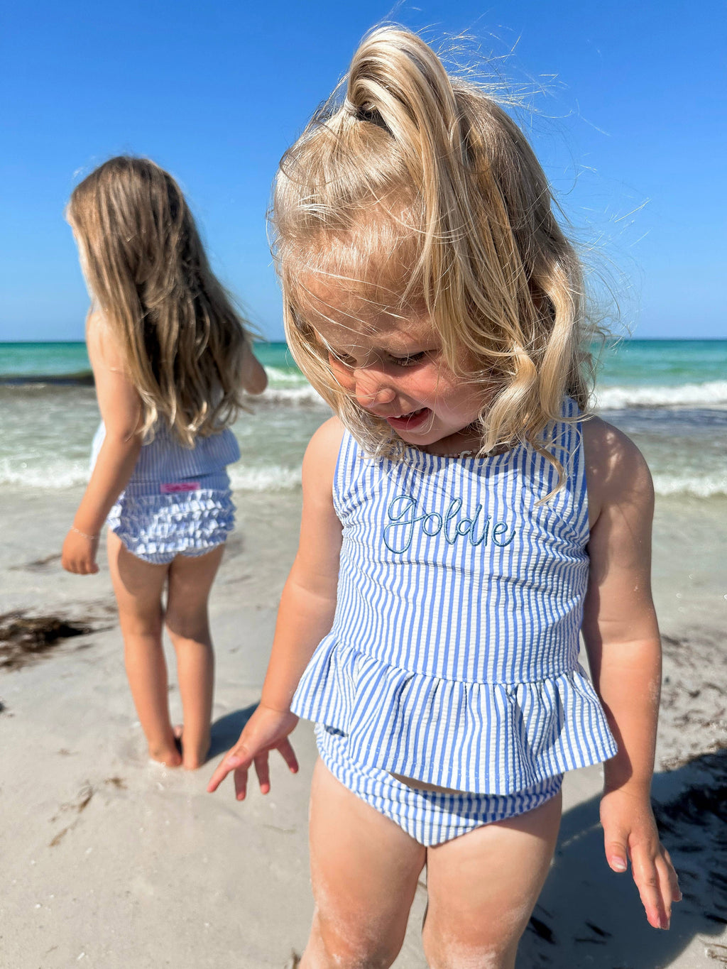 Girls Periwinkle Blue Seersucker Peplum Tankini 2-Piece Swimsuit with Signature Rear Ruffles