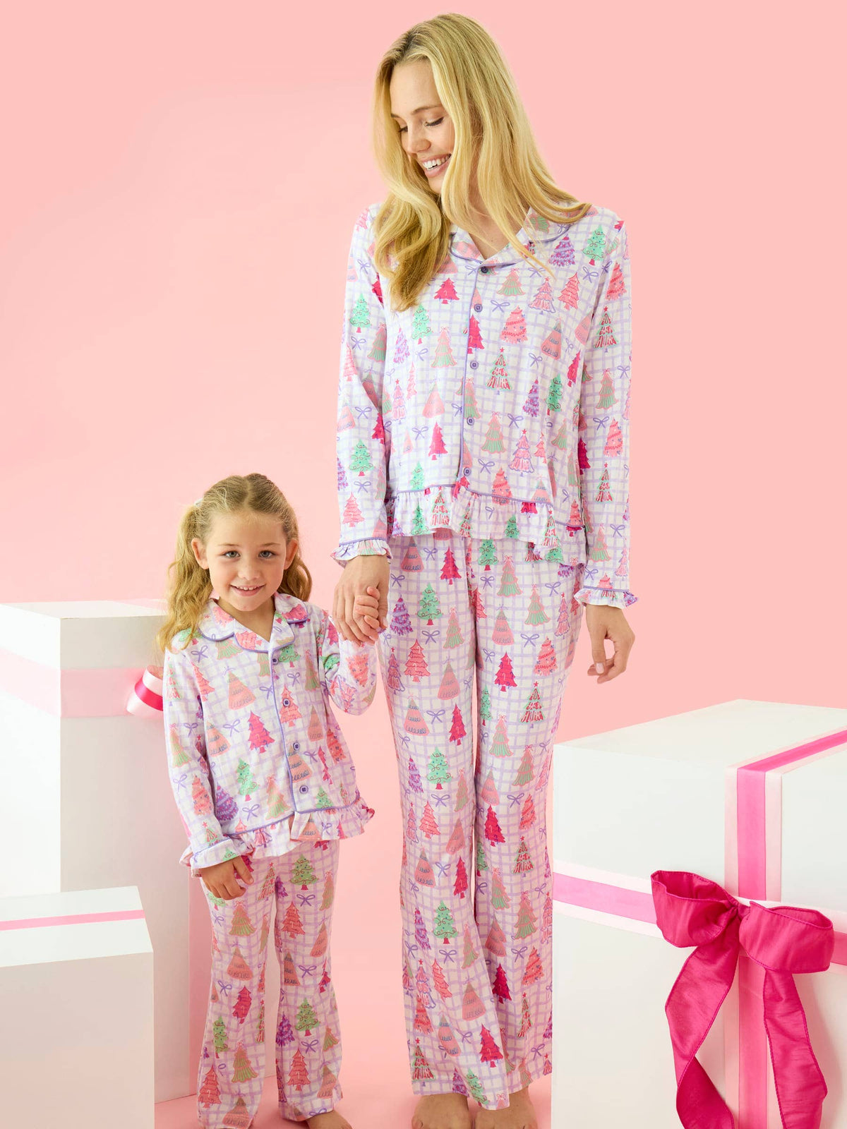 SoftSnooze™ Women's Bamboo Viscose Purple Bow Christmas Pines Long Sleeve Button Up Ruffle Flare Pajama Set