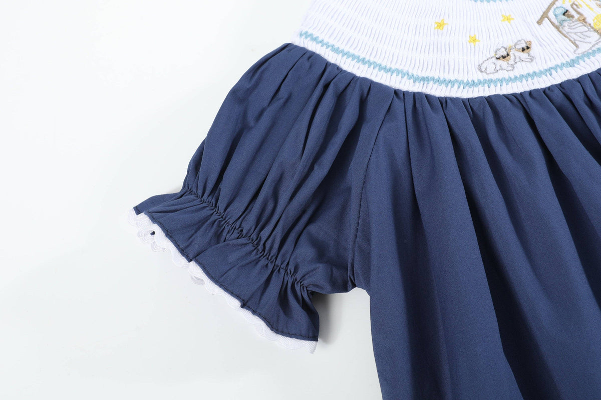 Dark Blue Nativity Smocked Bishop Dress