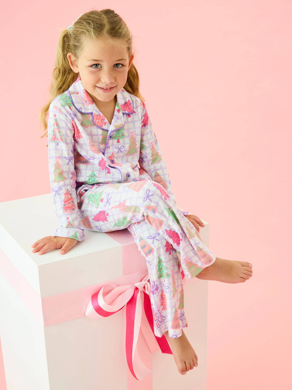 SoftSnooze™ Girls Purple Bow Christmas Pines Long Sleeve Button Up Ruffle Flare Pajama Set