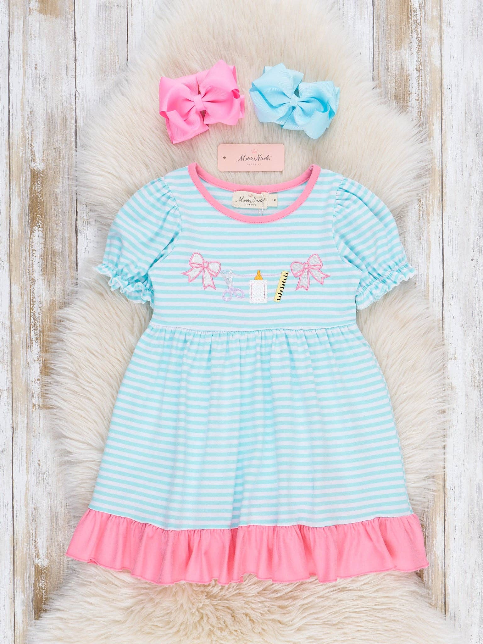 Marie Nicole Clothing - Classroom Bows Striped Ruffle Dress