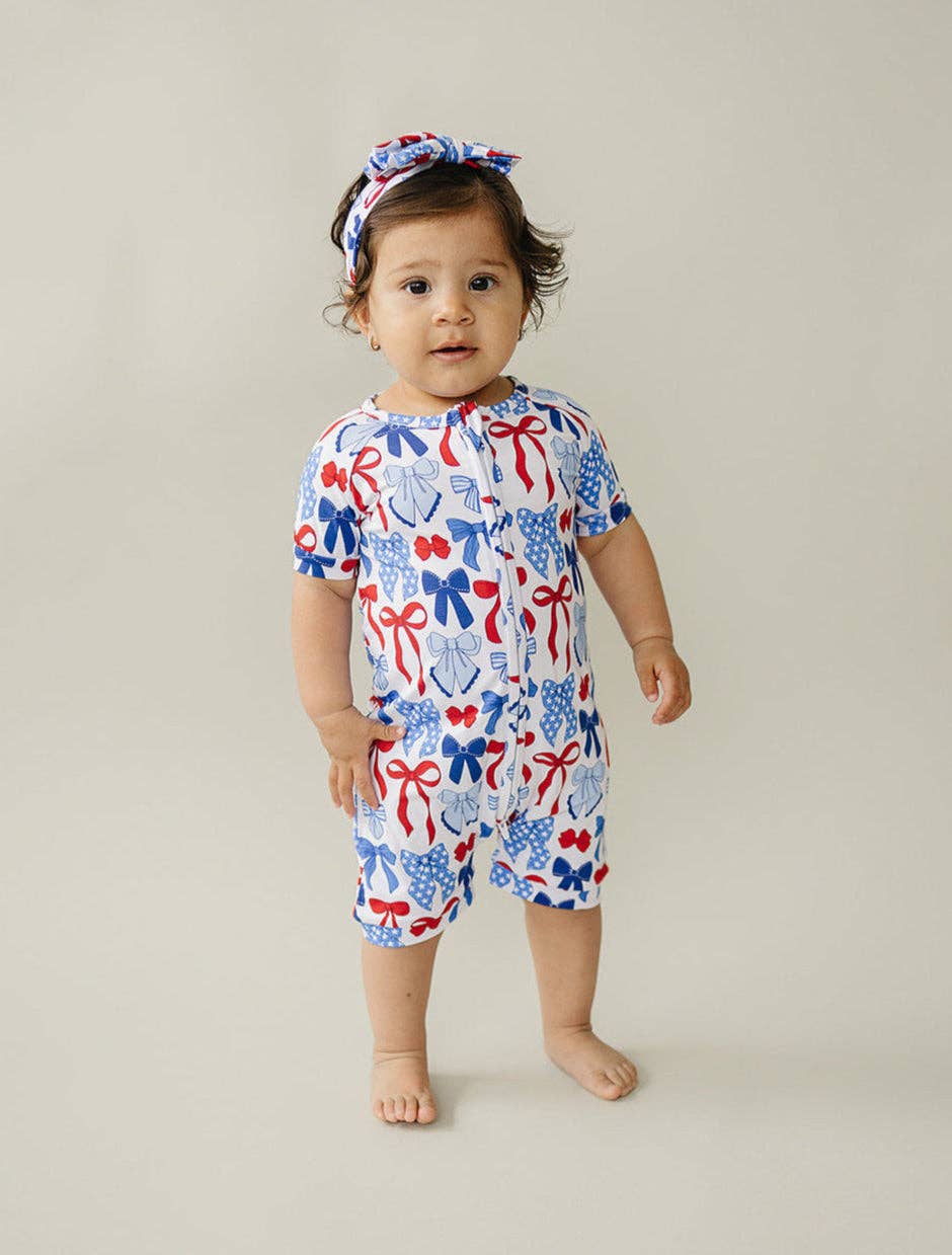 Bamboo Shorty Romper  | Red-White & Bows
