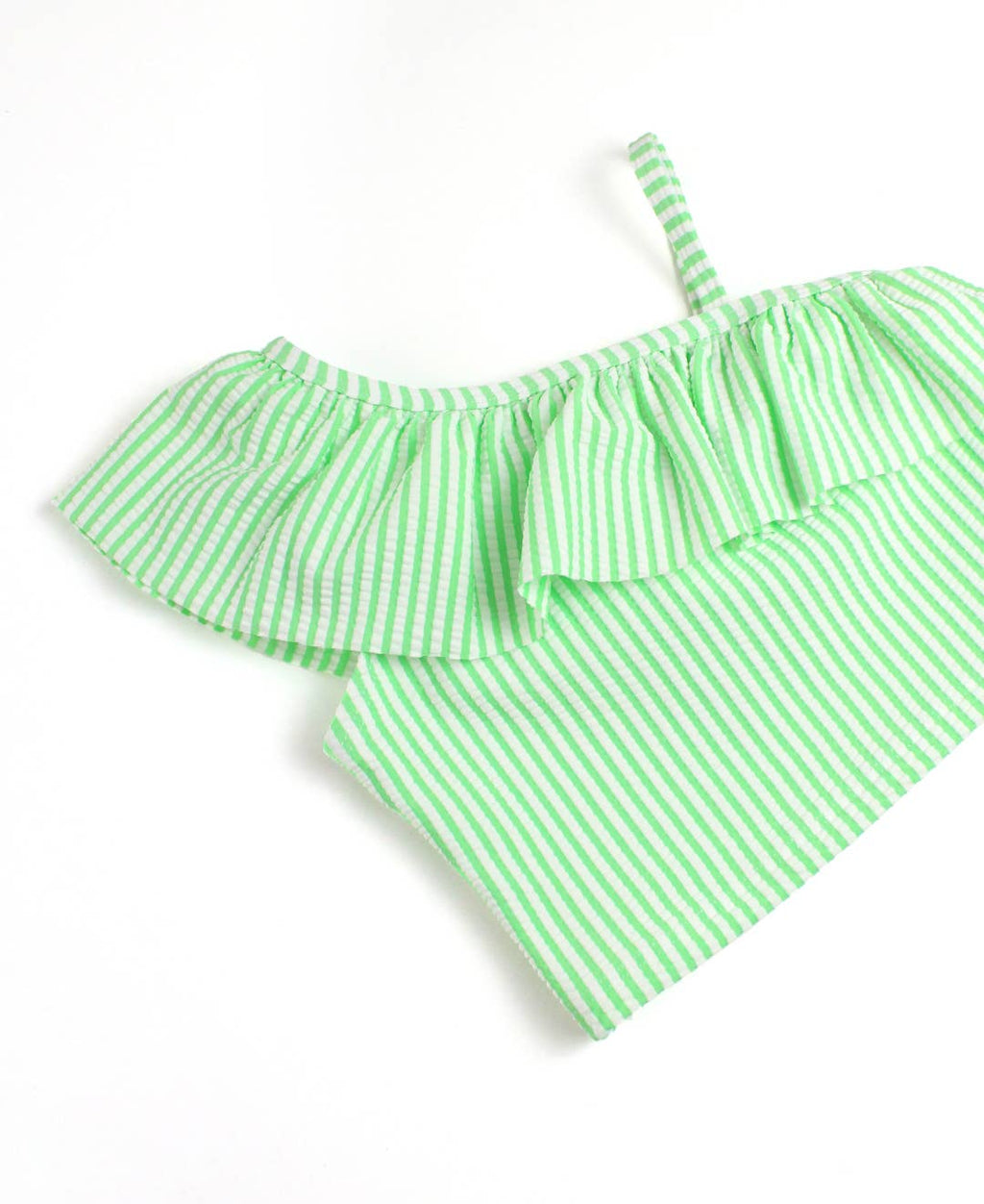 Girls Spring Green Seersucker One Shoulder Ruffle Tankini 2-Piece Swimsuit with Signature Rear Ruffles