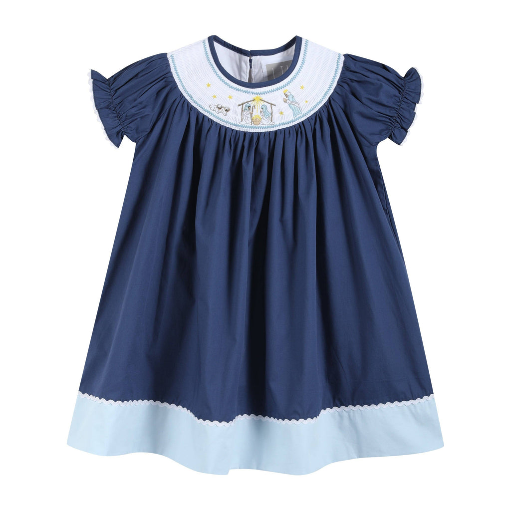 Dark Blue Nativity Smocked Bishop Dress