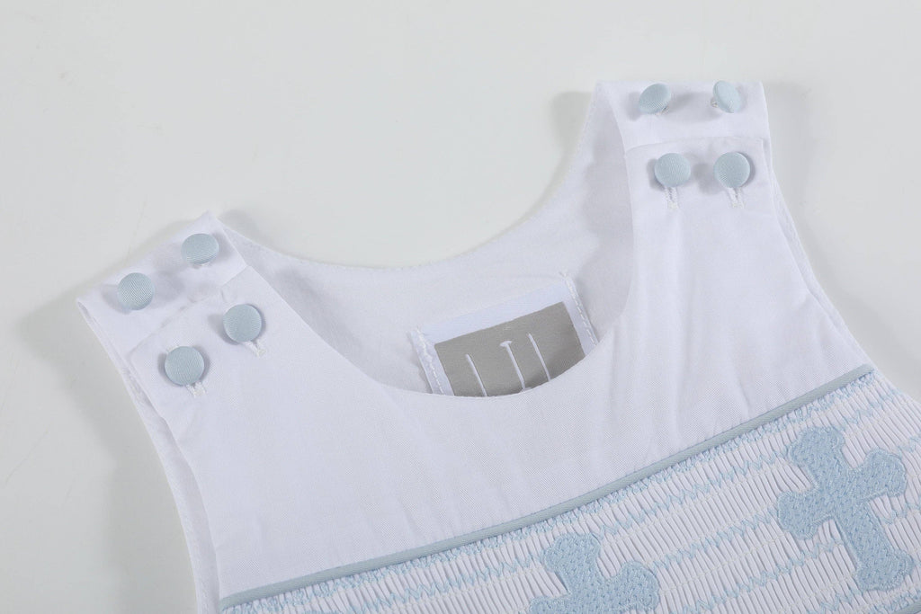 White and Blue Holy Crosses Smocked Overalls