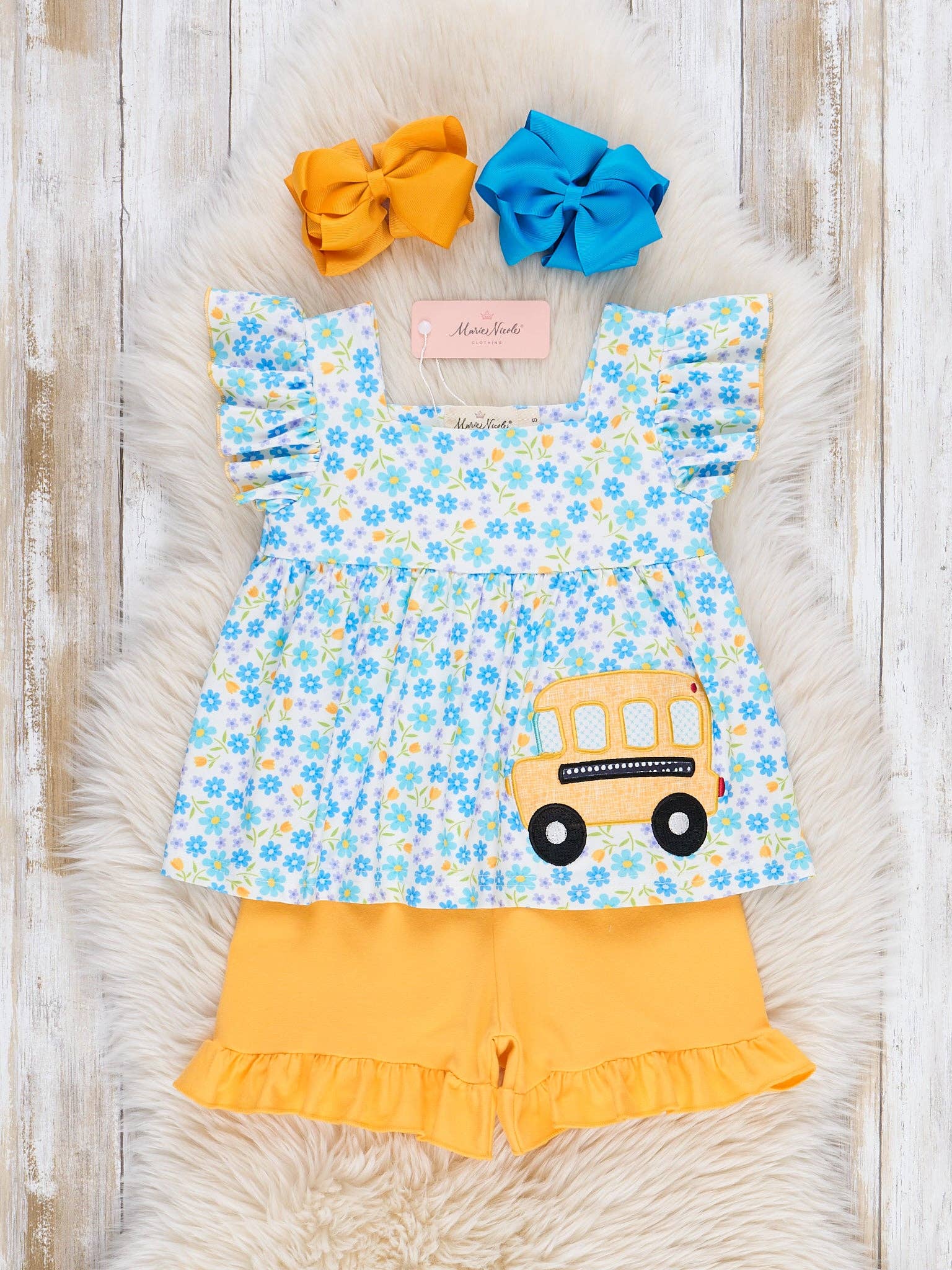 Marie Nicole Clothing - Floral Embroidered Bus Route Ruffle Outfit