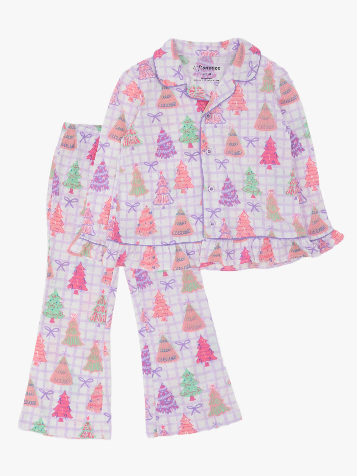 SoftSnooze™ Girls Purple Bow Christmas Pines Long Sleeve Button Up Ruffle Flare Pajama Set
